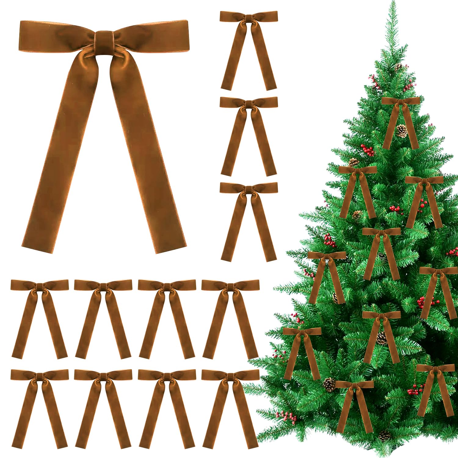 Hjlike Coffee 12Pc Christmas Velvet Bows, Vintage Style Velvet Ribbon Bows For Christmas Tree (Coffee)