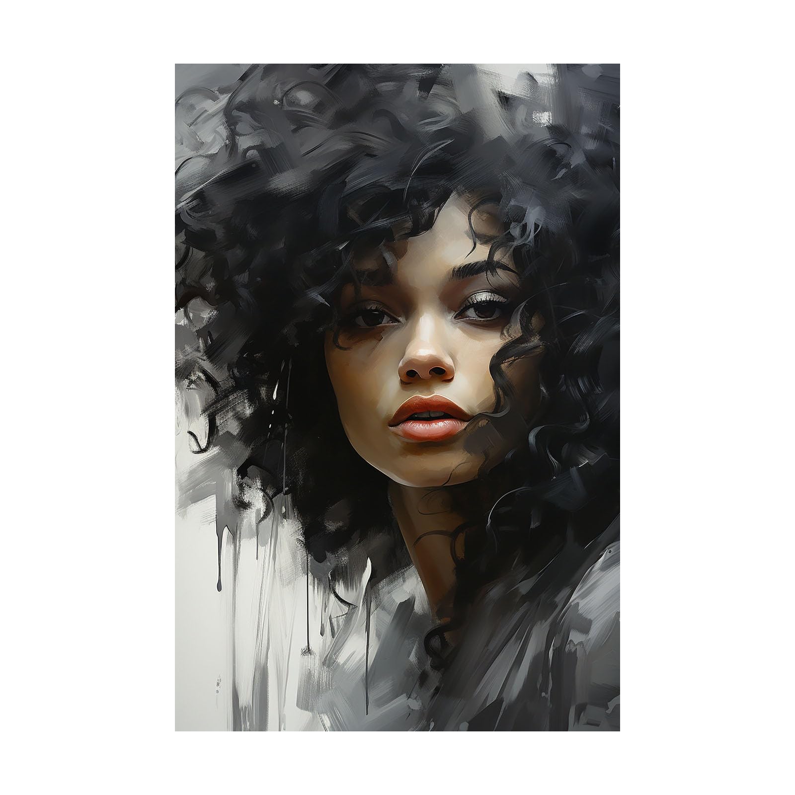 TERUEA Abstract Girl Painting Prints Woman Canvas Pictures Curly Hair Woman Portrait Retro Painting Bathroom Wall Decor,(Black)-70x100cm Unframed