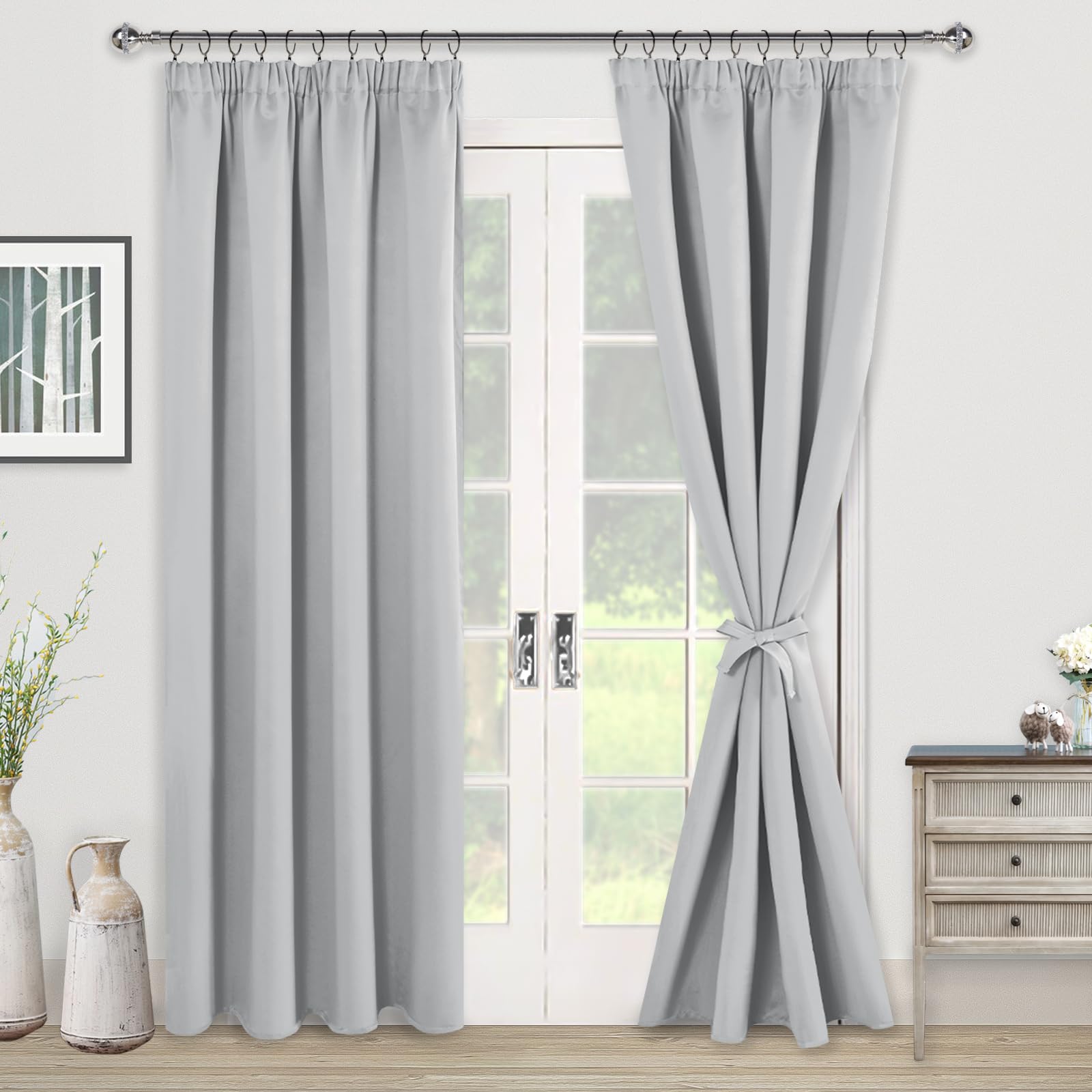 JIUZHEN Opaque Curtains Ruffle Tape Blackout Curtains Living Room Curtains Bedroom Thermal Curtain Silver Grey H 228 x W 117 cm Set of 2 - Image 2