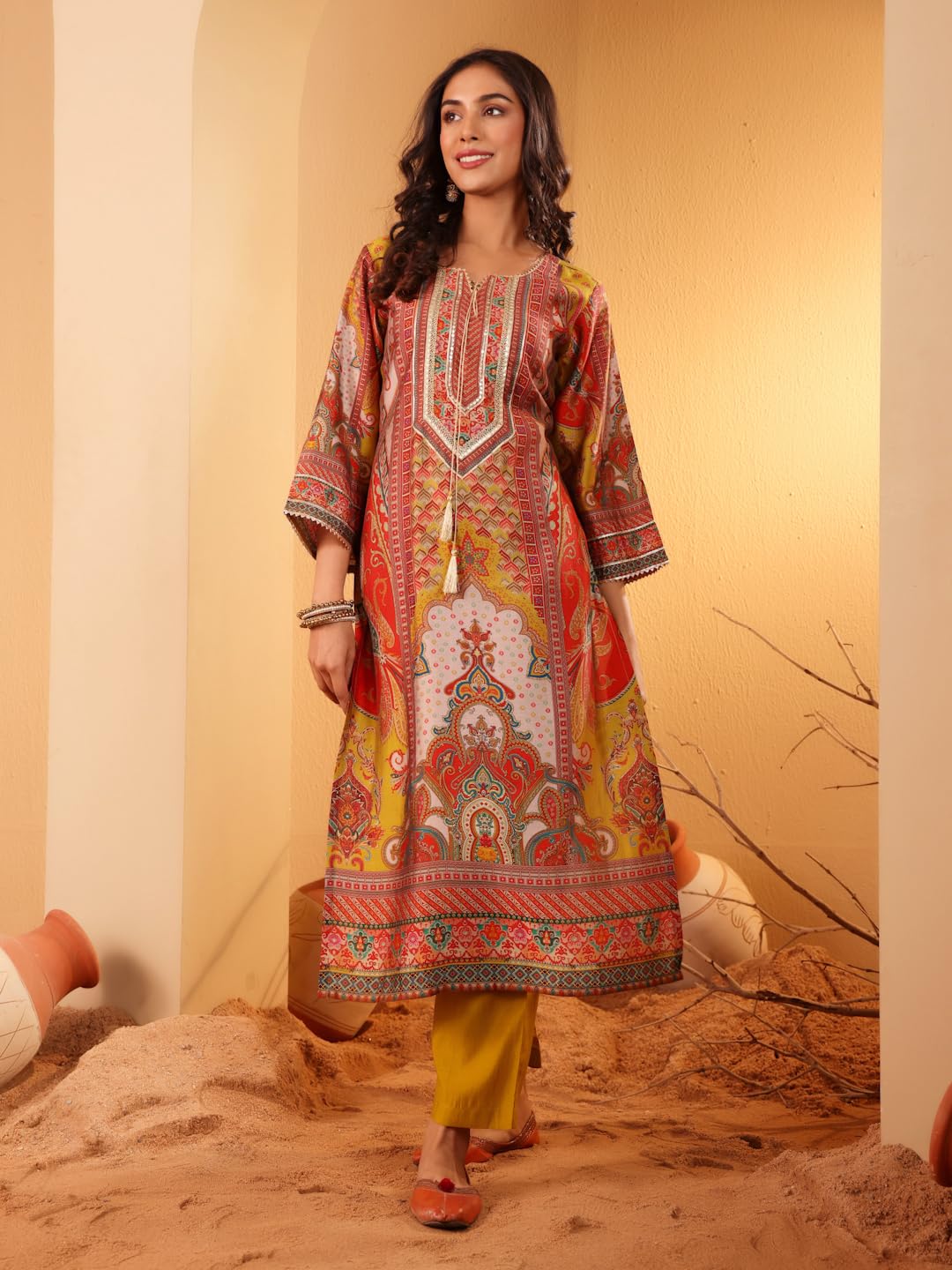 Varanga Women Olive Ethnic Floral Printed Gota Embellished Flared Sleeve Kurta With Solid Trouser  Stylish Ethnic Set