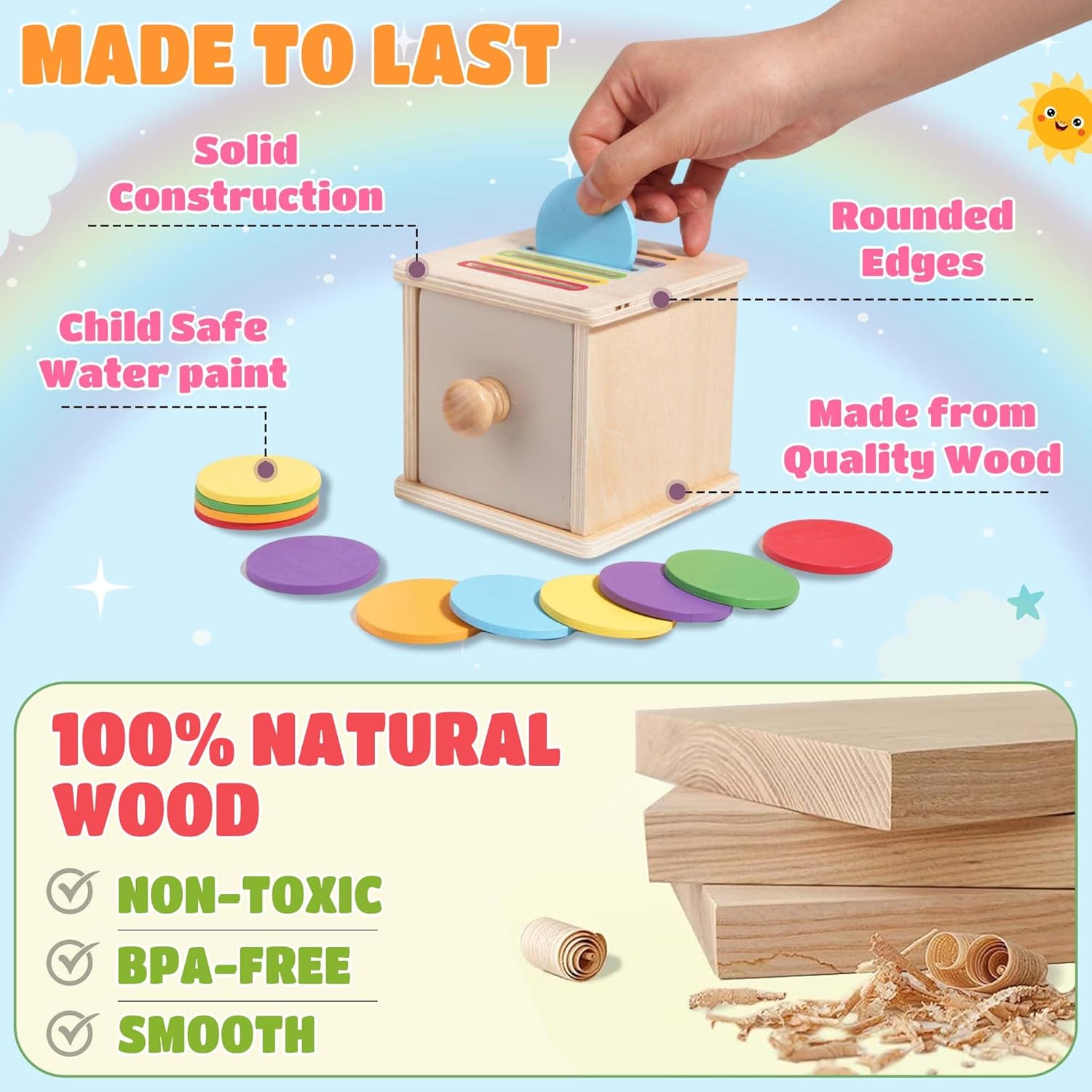 YAANI Montessori Coin Box Toy for Toddlers – Wooden Shape Sorting & Color Matching Learning Toy – Fine Motor Skills image 6