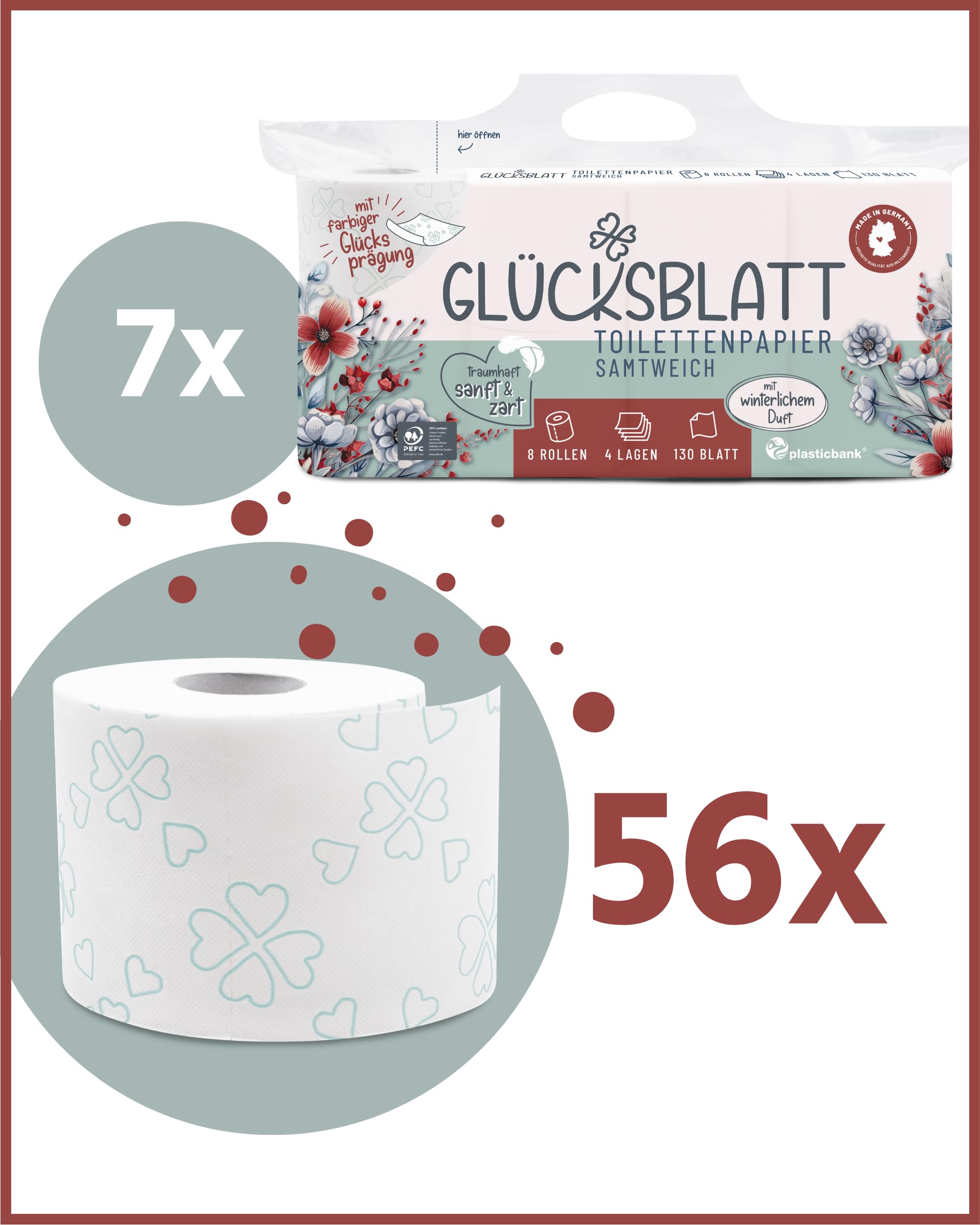 Glücksblatt Carta Igienica Vellutata Bianca al Profumo di Vaniglia, 4 Strati, 56 Rotoli x 130 Fogli, 100% Cellulosa, Super Morbida con Motivi Stampati Fortunati, Confezione da 56 Rotoli