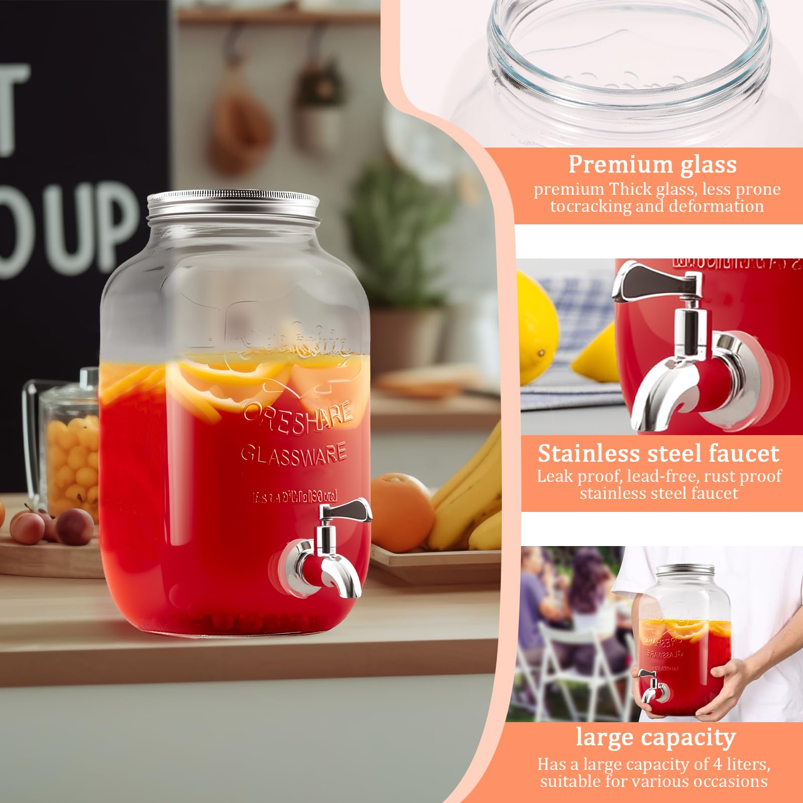 Produktbild von Getränkespender Aus Glas 4L Mit Zapfhahn & Metalldeckel – Für Limonade, Saft, Wasser, Eistee, Bowle & Party
