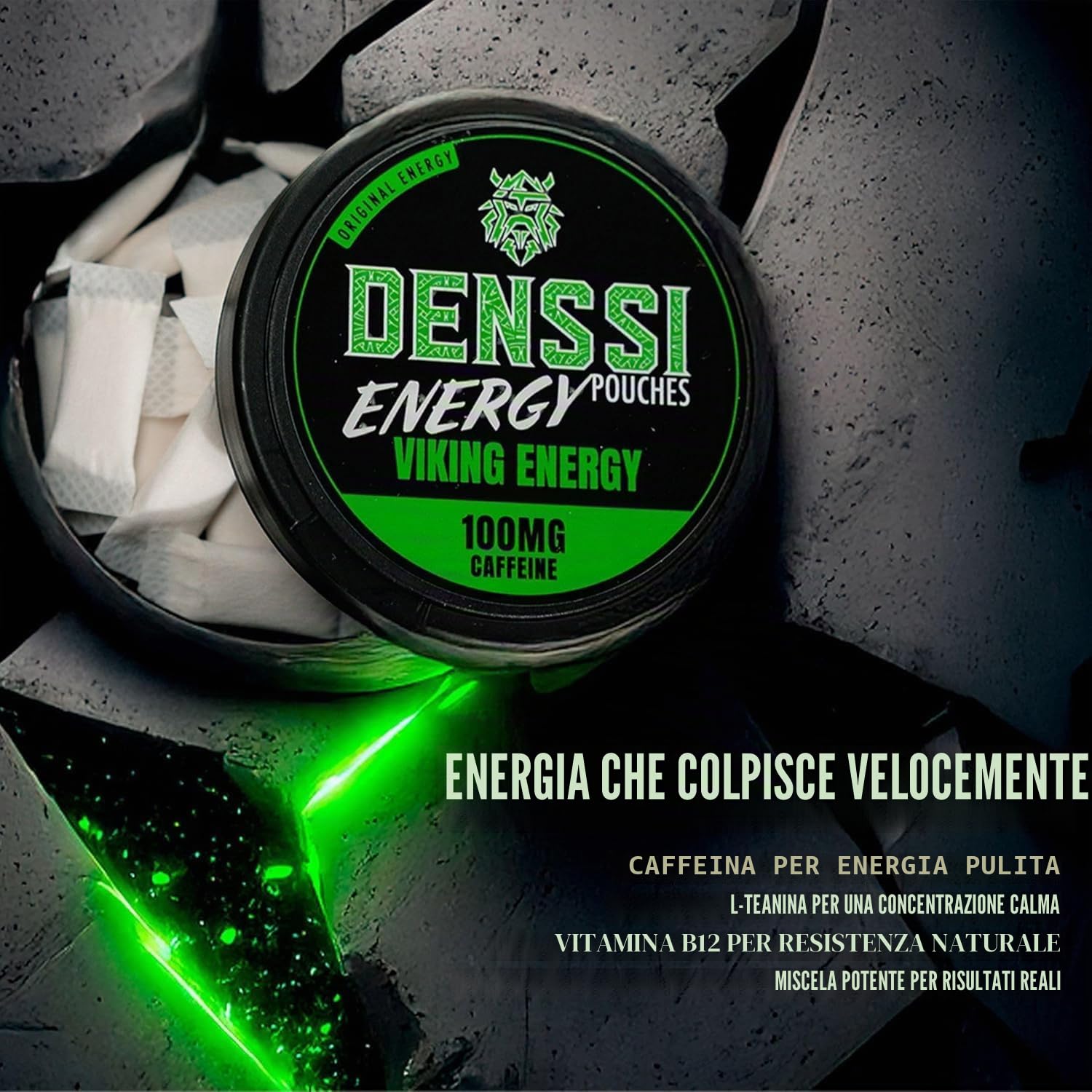 Denssi Pouches Energia - Sacchetti di energia alla caffeina - Sostituzione gratuita/alternativa per concentrazione e energia - Sacchetti nootropi senza zucchero (3 confezioni, Viking Energy)