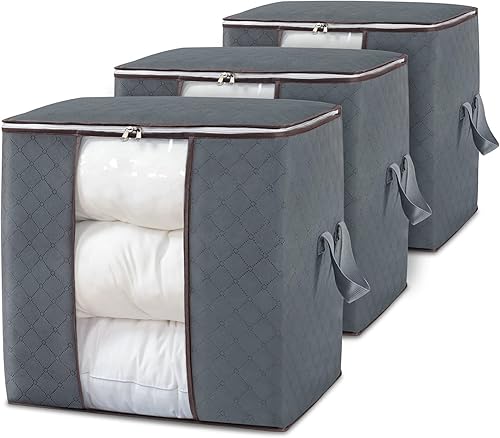 DOKEHOM - 3 piezas de 90 litros organizador grande de almacenamiento de ropa con asa reforzada para edredones mantas y ropa de cama almacenamiento