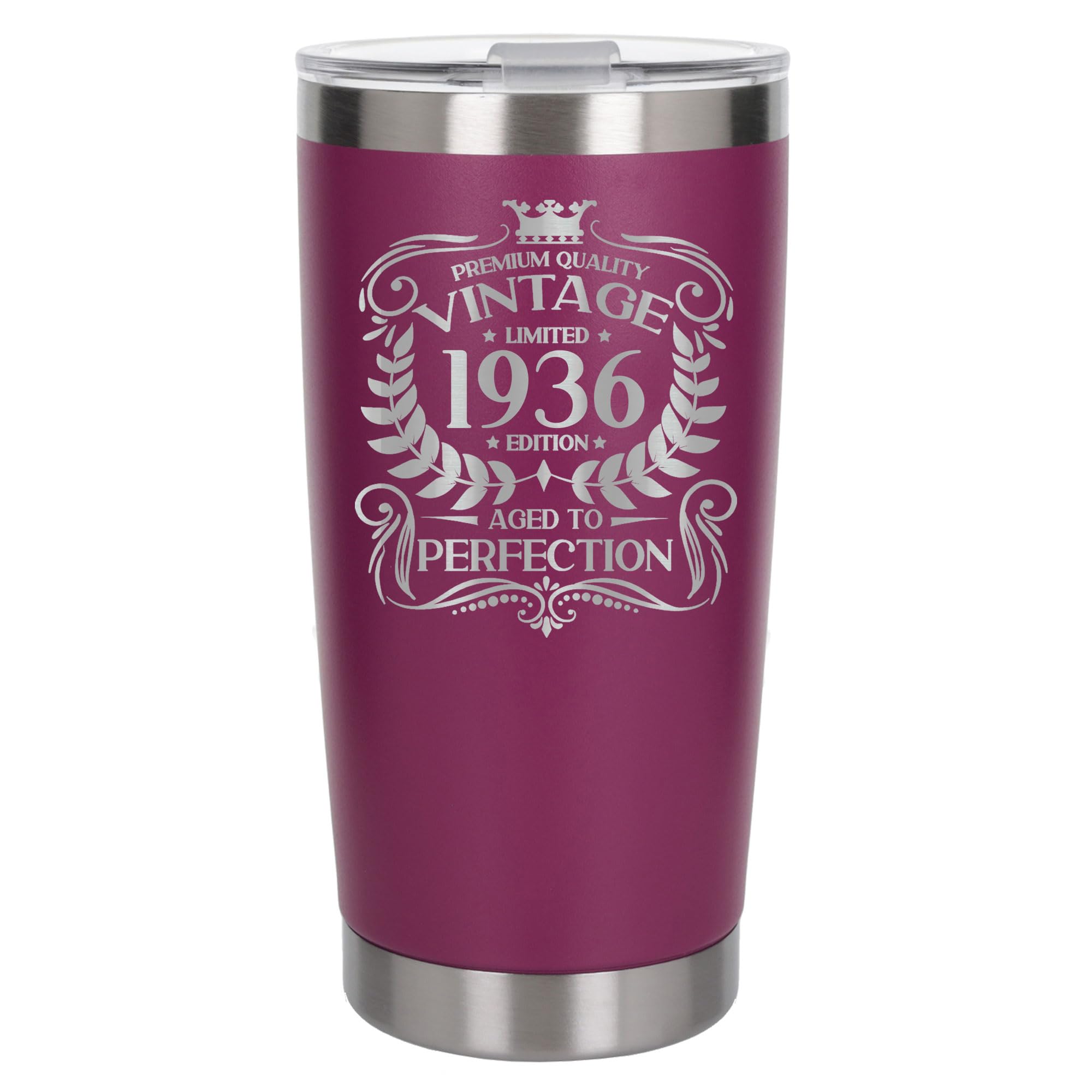 Always Looking Good 90th Birthday Gift Vintage 1936 Aged to Perfection Engraved Insulated Travel Mug Present for 90 Year Old Dark Pink Thermal Coffee Flask Travel Mugs with Lids