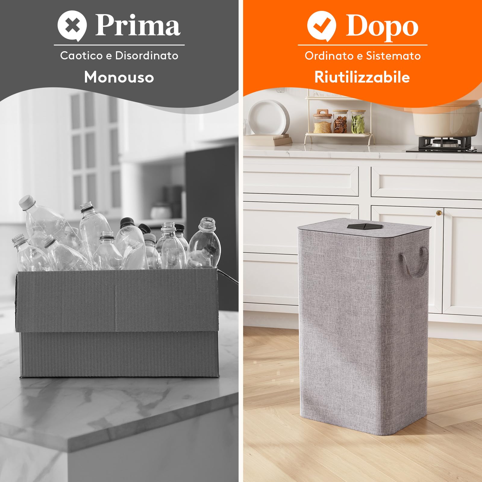 Lifewit 100L Conservazione Delle Bottiglie con Coperchio, Pattumiera Differenziata per Bottiglia Plastica e Bottiglia Vetro, Raccolta Differenziata con Foro, Contenitore Pattumiera Cucina, Grigio