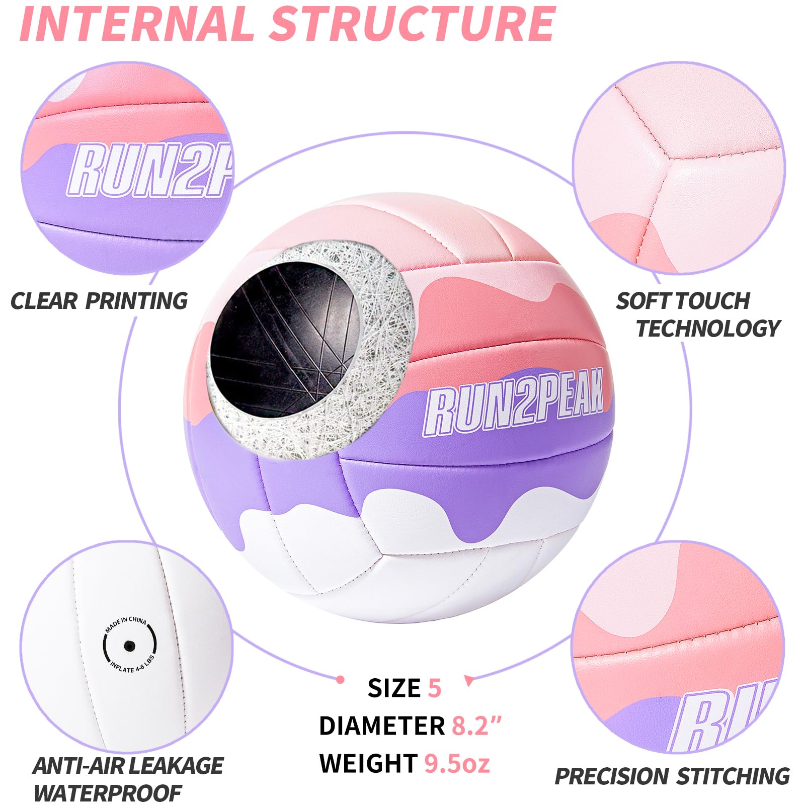 RUN2PEAK Ballon de volley-ball doux au toucher pour adolescentes, filles, enfants, jeunes équipes, débutants, ballons de volleyball durables pour extérieur, intérieur, plage, piscine, jeu d'eau