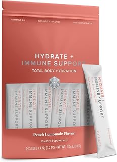Hydrate + Immune Support with Whole-Food Sourced C, D Vitamins - Superior Hydration with 1625+ mg of Essential Electrolytes - No Added Sugar Peach Lemonade Flavor 0.2 oz Sticks 24 Servings