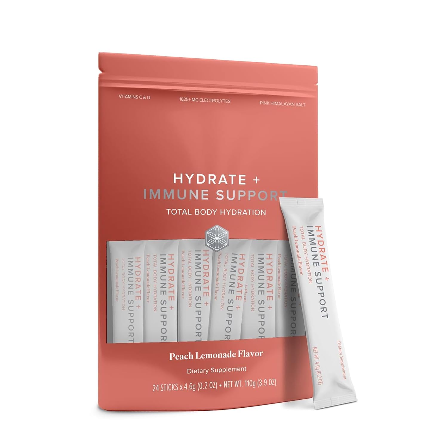 Isagenix Hydrate + Immune Support with Whole-Food Sourced C, D Vitamins - Superior Hydration with 1625+ mg of Essential Electrolytes - No Added Sugar Peach Lemonade Flavor 0.2 oz Sticks 24 Servings