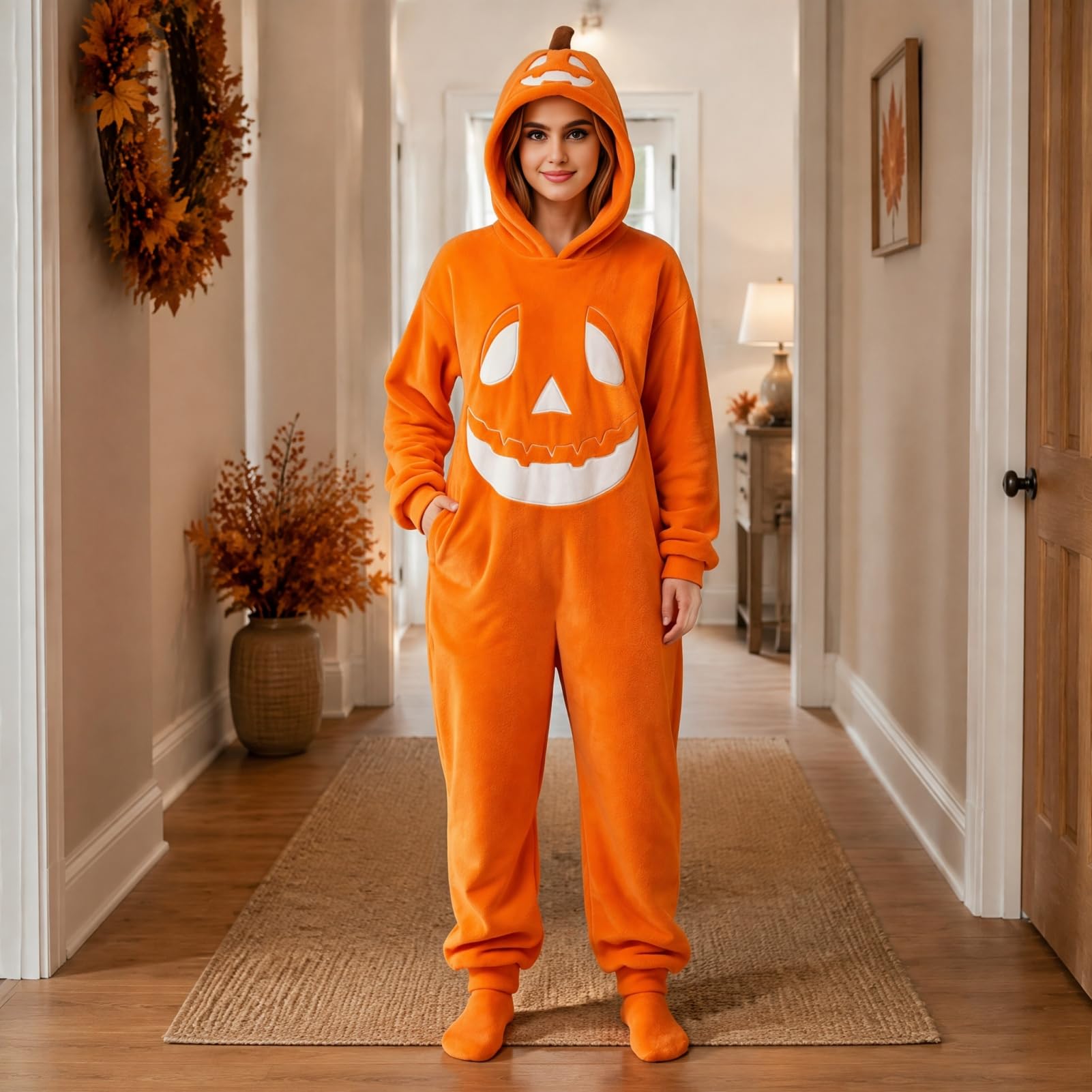 Pigiama intero a forma di zucca di Halloween, tuta cosplay per adulti con viso di zucca felice