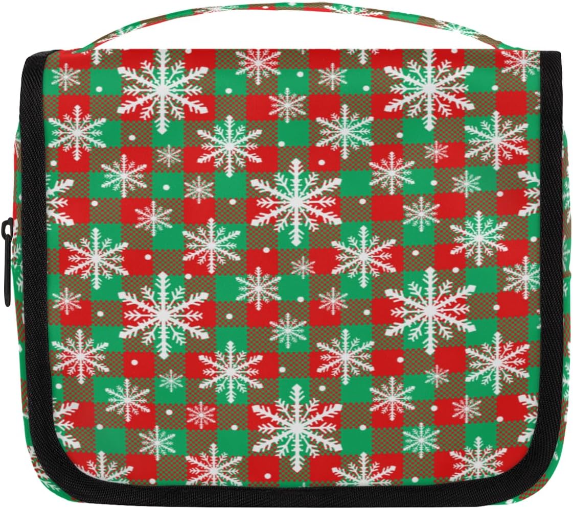 Travel Hanging Toiletry Bag for Women kids, Christmas Snowflakes Red Green Grid Cosmetic Bag Waterproof Makeup Organizer for weekend overnight Bathroom