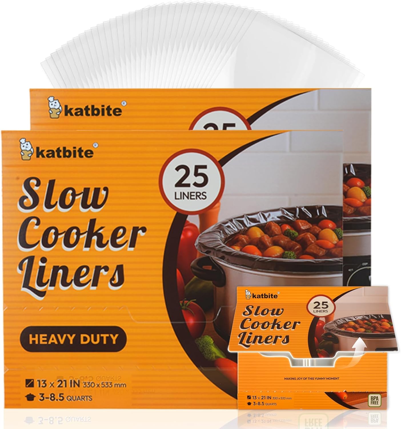 Katbite Crock Pot Liners, Heavy Duty Pop-Up Slow Cooker Liners, 13" X 21" Large Size Disposable Cooking Bags, Regular (Fits 3-8.5 Quarts) Suitable for Oval & Round & Retangular Crock Pot, 50 Count