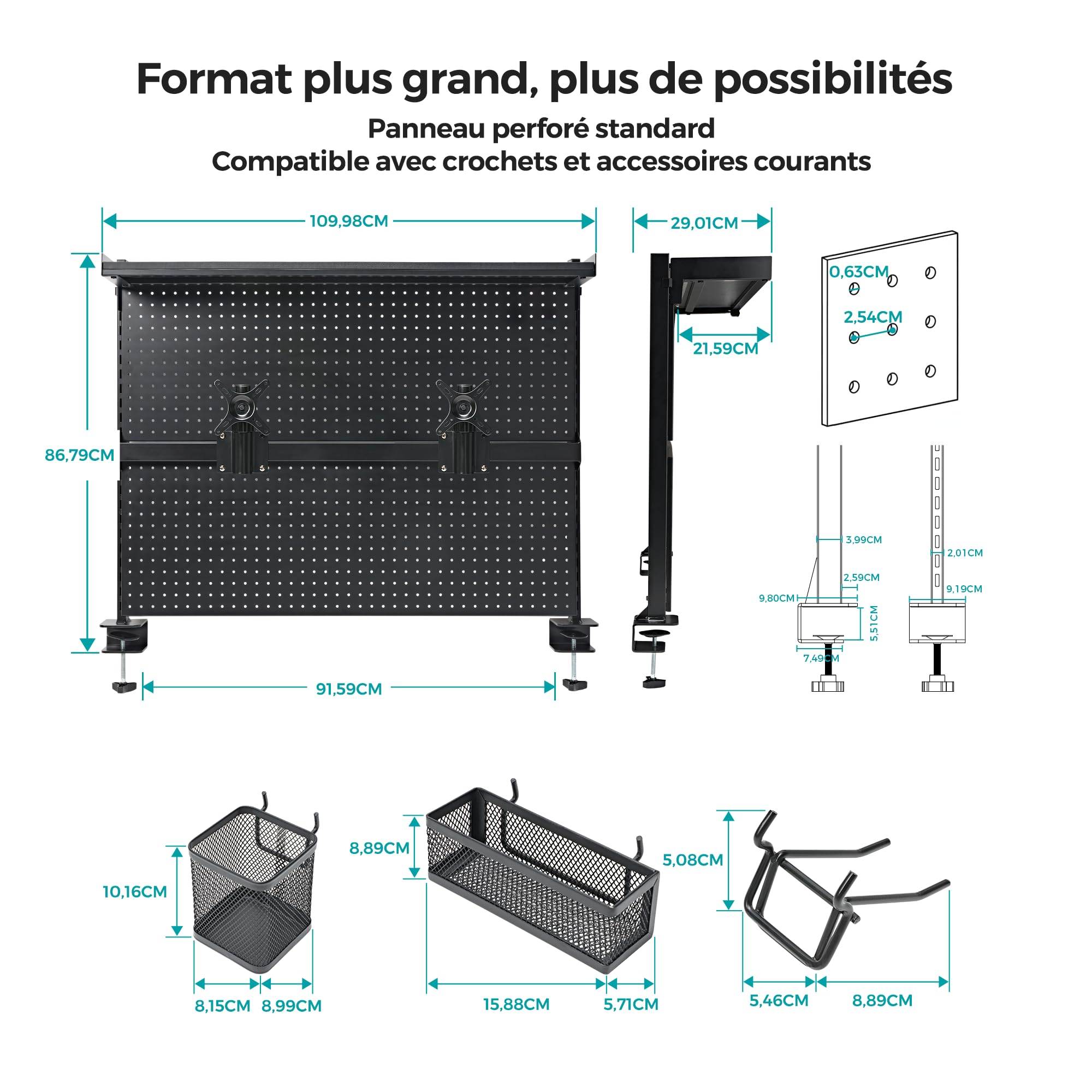 EUREKA ERGONOMIC Desk Pegboard,Panneau perforé en Acier avec Double Support pour écran,Accessoires de Bureau d'ordinateur pour Bureau, 4 Accessoires à Suspendre modulaire,110 × 29 × 86,8 cm, Noir