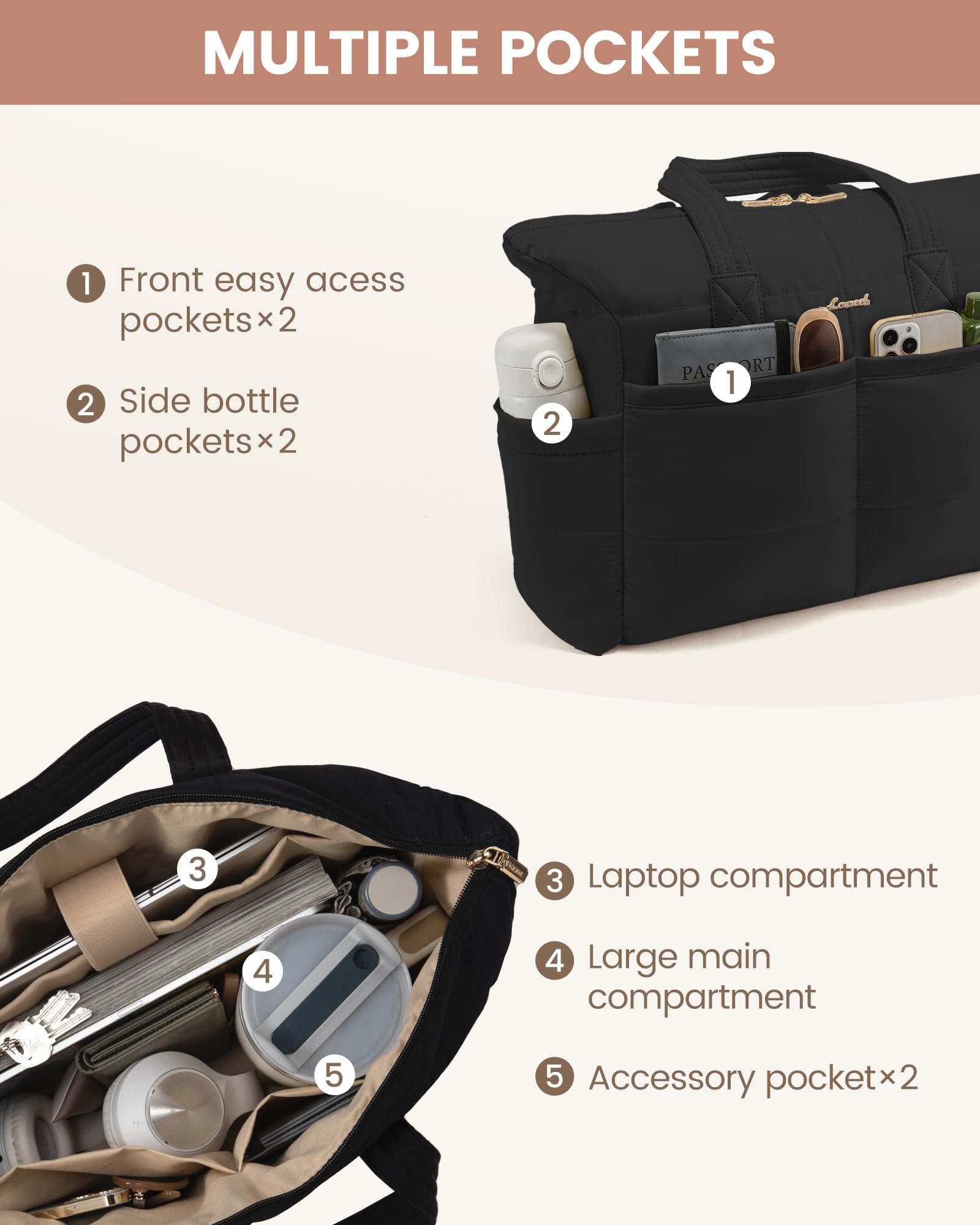 LOVEVOOK Handtasche Shopper Tasche Damen, 15,6 Zoll Puffer Laptoptasche Leicht Laptop Arbeitstasche Groß, Wasserdichte Tote Bag Schulhandtasche Women, Aktentasche Bürotasche für Arbeit, Schule, Reisen