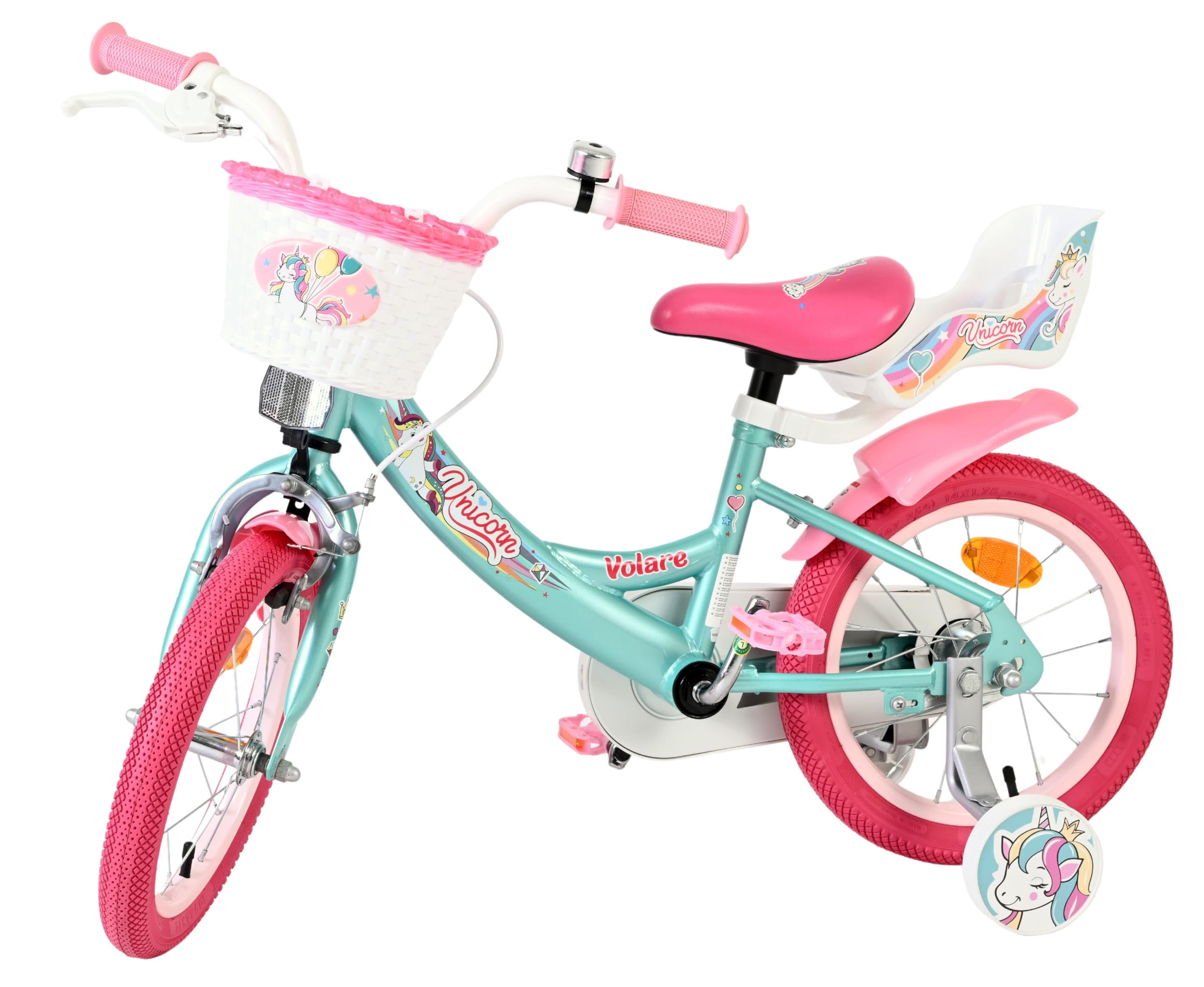 Volare Einhorn Kinderfahrrad Green | 3,5–5 Jahre | 14-Zoll-Räder | Hand- & Rücktrittbremse | Stützräder | Verstellbarer Sattel | Puppensitz Achter & Korb voor | Geschenk voor meisjes