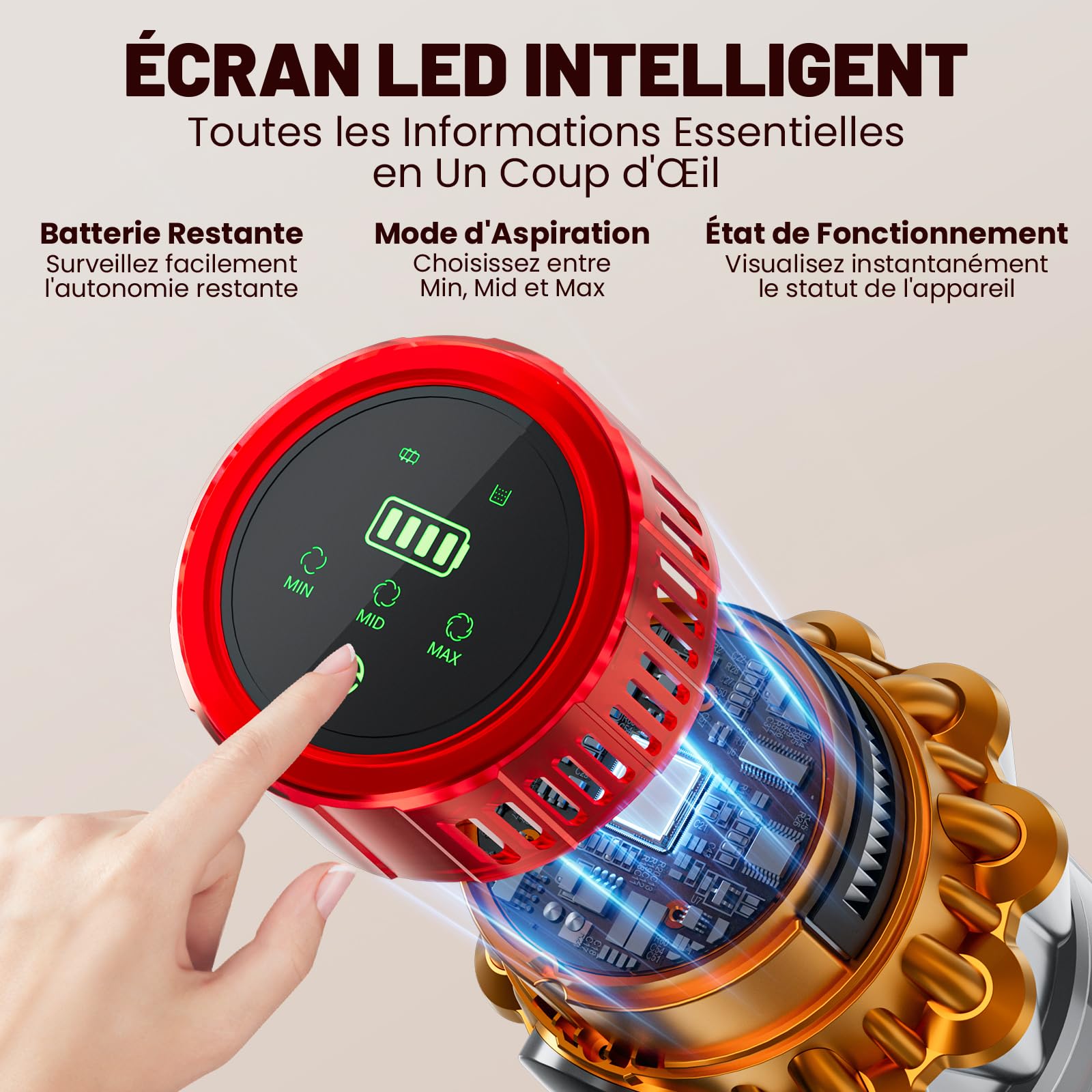 Aspirateur Balai Sans Fil 75 KPa, Autoportant avec Lumière Verte Détection Poussière, Tube Pliable Ergonomique, Écran LED Intelligent, 80 Min d’Autonomie, Anti-Enchevêtrement, Réservoir XL 1,8L