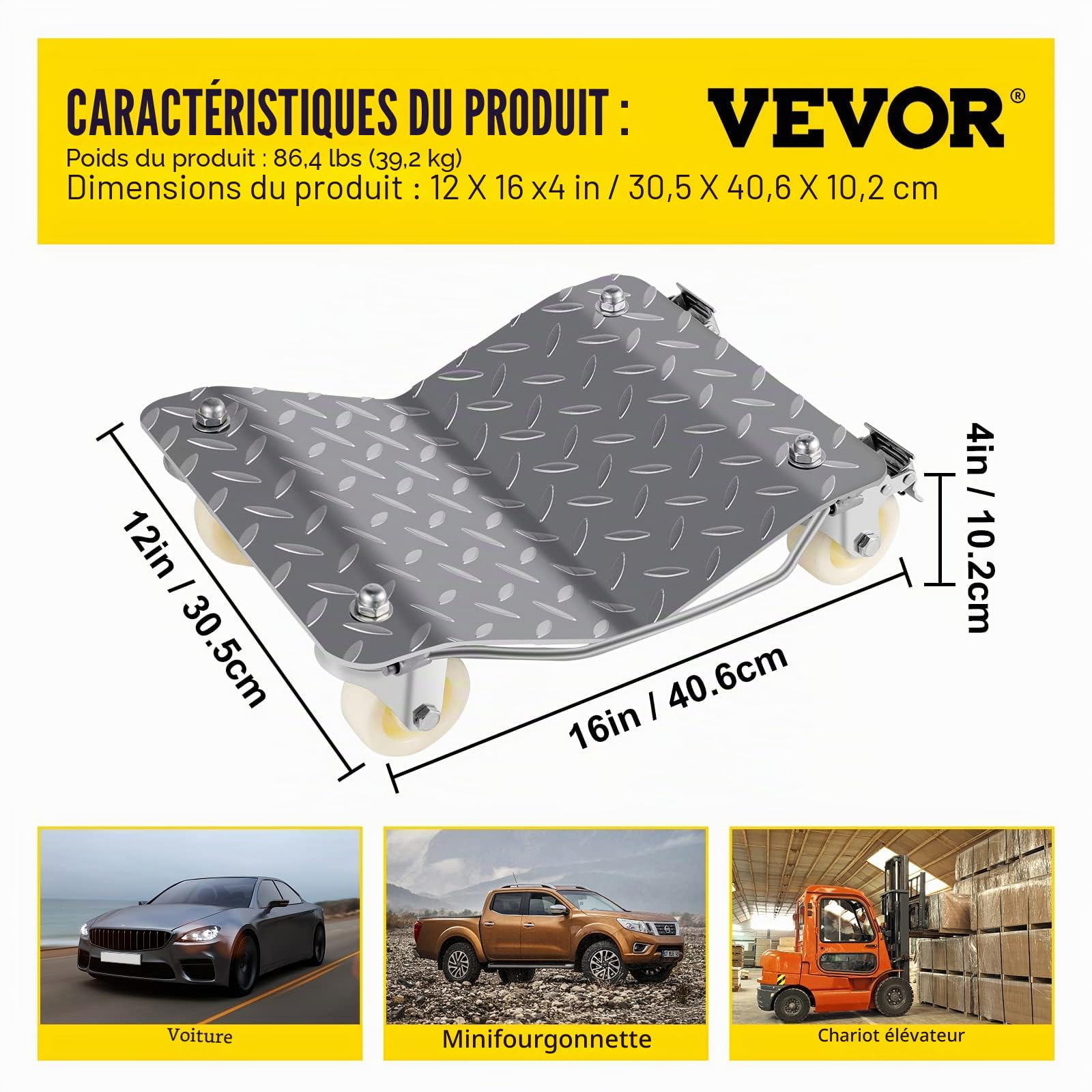 VEVOR Chariots de Manutention de Voiture, 2 pcs Capacité 500 kg Chariot de Déplacement, Plate-Forme 48x30 cm Chariot à roulettes, Aide à la Manœuvre Automobile Aide au Transport Véhicules