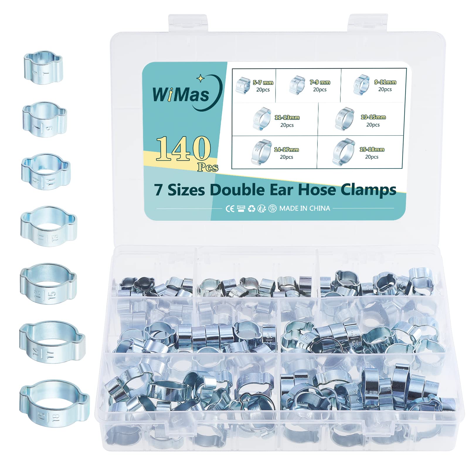140PCS 7-20mm Réglable Double Oreille Pinces À Tuyaux Tube Attaches, Tuyaux Clips O Clips Assortiment Kit