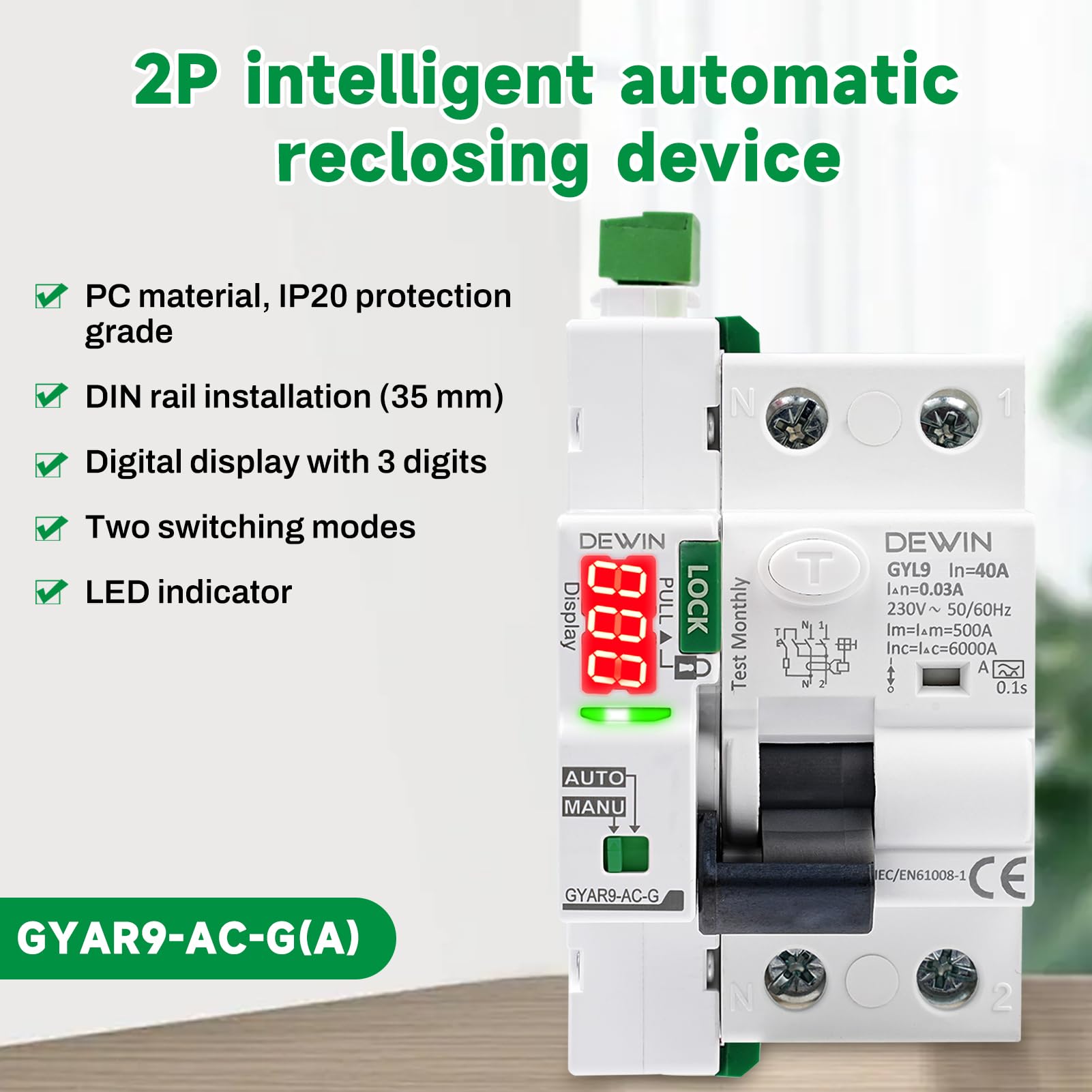 2P Intelligenter automatischer Wiedereinschalt-FI-Schutzschalter, Fehlerstromschutzschalter Typ A Mit digitalem Display 40 A, AC230 V intelligenter Schutzschalter