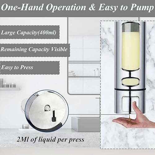 Miniatura 3 de Dispensador de jabón de manos montado en una sola pared, bomba de ducha plateada de 13.5 oz13.5 fl oz, dispensador de jabón de loción líquida
