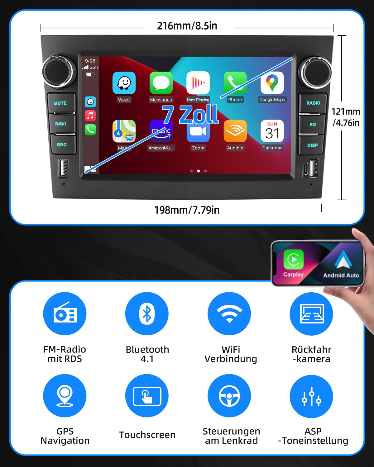 ESSGOO 4+64G Wireless Autoradio Android 14 mit Carplay und Android Auto Für Opel Corsa C/D Zafira B Astra G H 7 Zoll IPS Touchscreen Bluetooth FM RDS GPS Schwarz