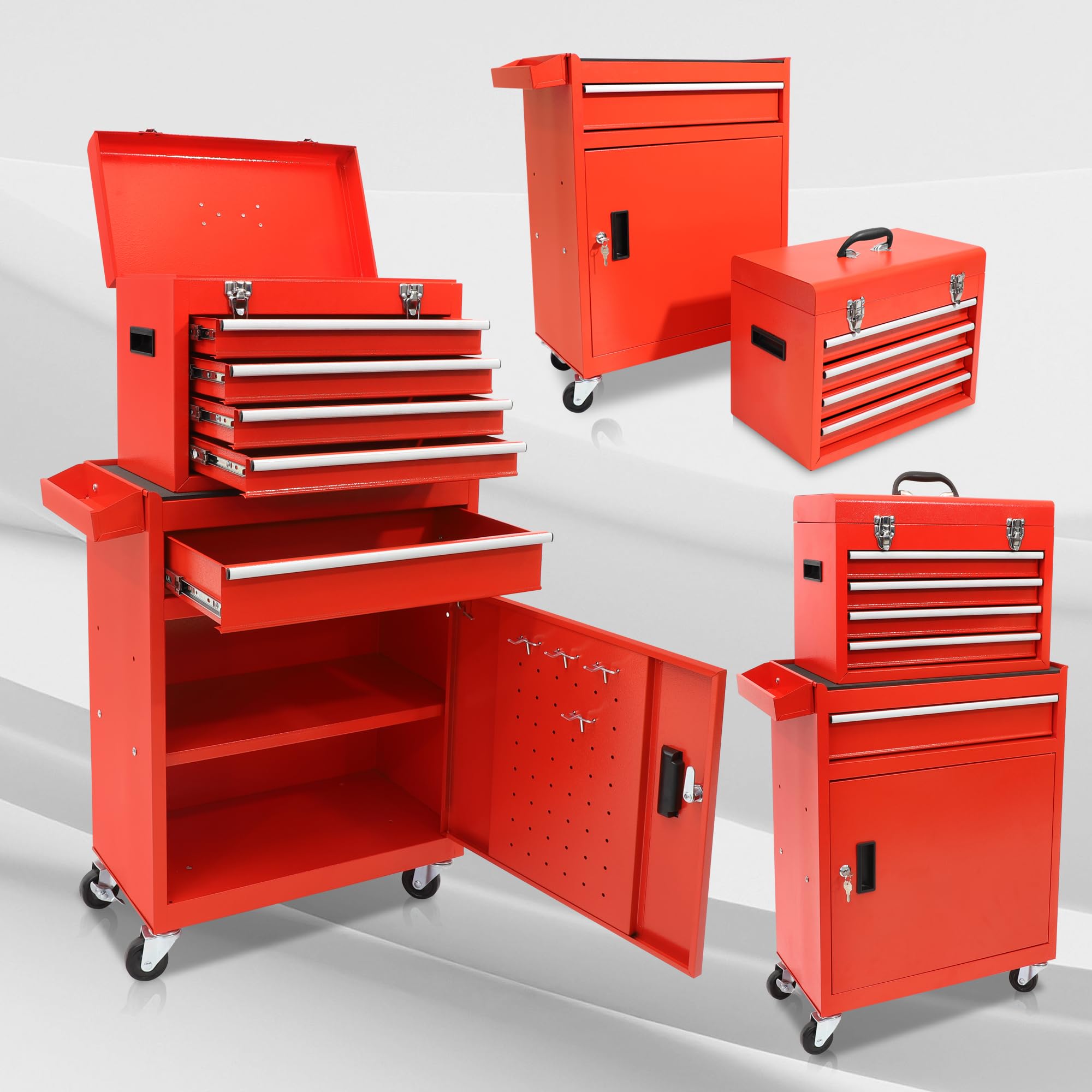 AJP Distributors Tool Box Organizer,5-Drawer Garage Storage Cabinets Lockable Wheels&Sliding Drawers&Detachable Top&Adjustable Shelf,Tool Box Organizers and Storage for Garage Workshop (Red)