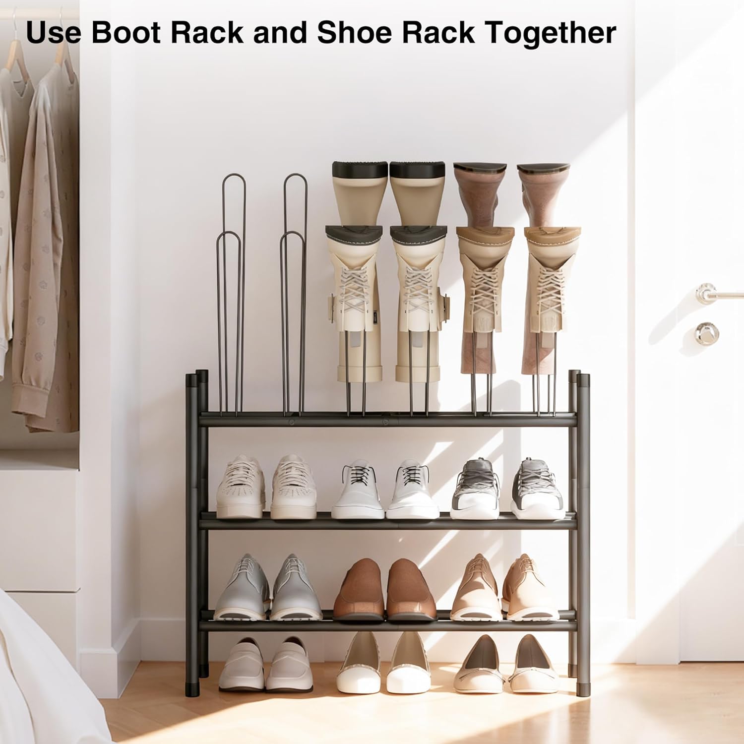 STO STO Detachable Shoe and Boot Rack Organizer, Metal Stackable Boot Rack for 6 Pairs, 2-Tier Shoe Rack for 9 Pairs, Adjustable Shelf Width, Space-Saving Shoe Boot Storage for Closet Entryway Mudroom