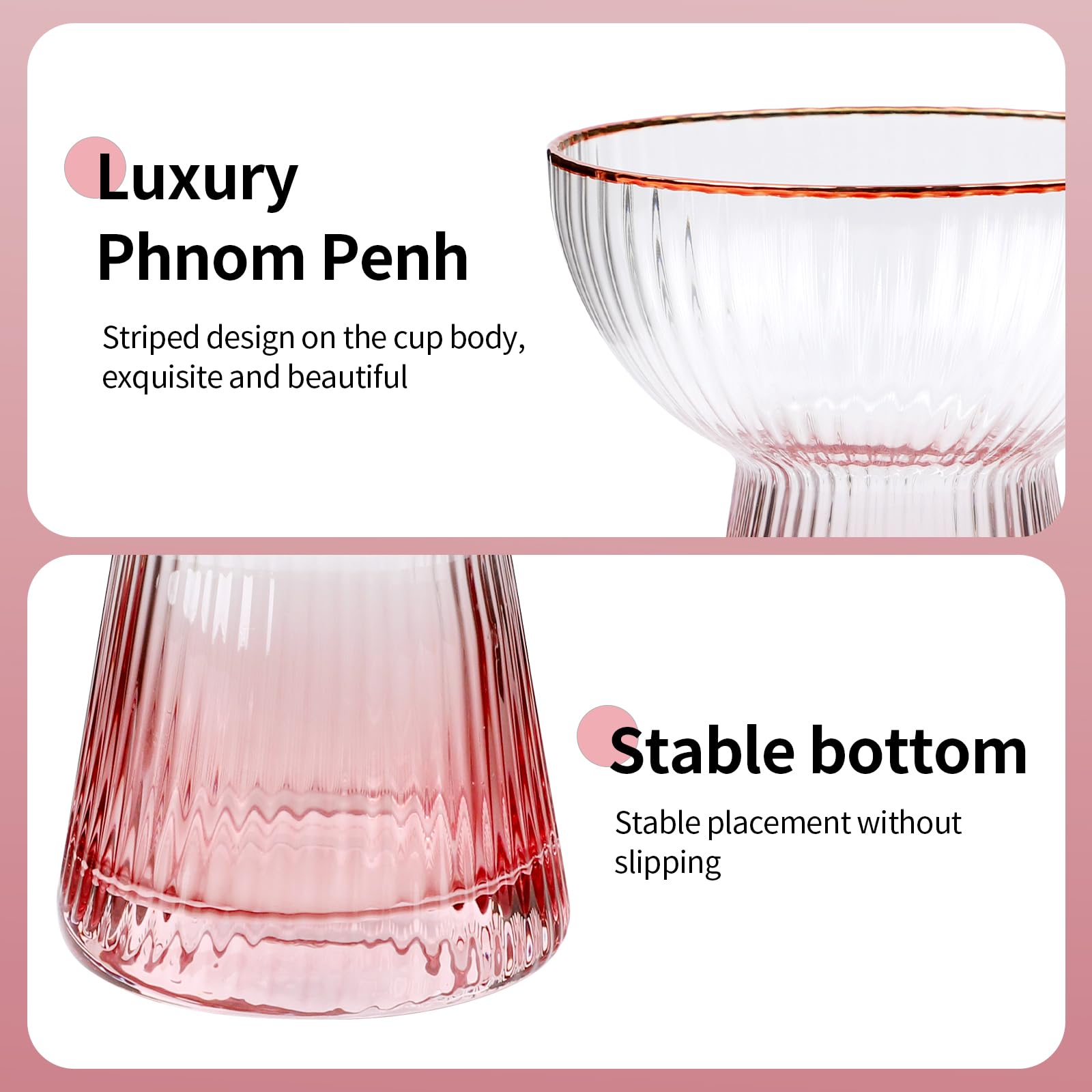 4PCS Stemless Margarita Glasses – Hand-Blown With Pink Base & Gold Rim – Elegant Striped Design For Cocktails, Champagne & More