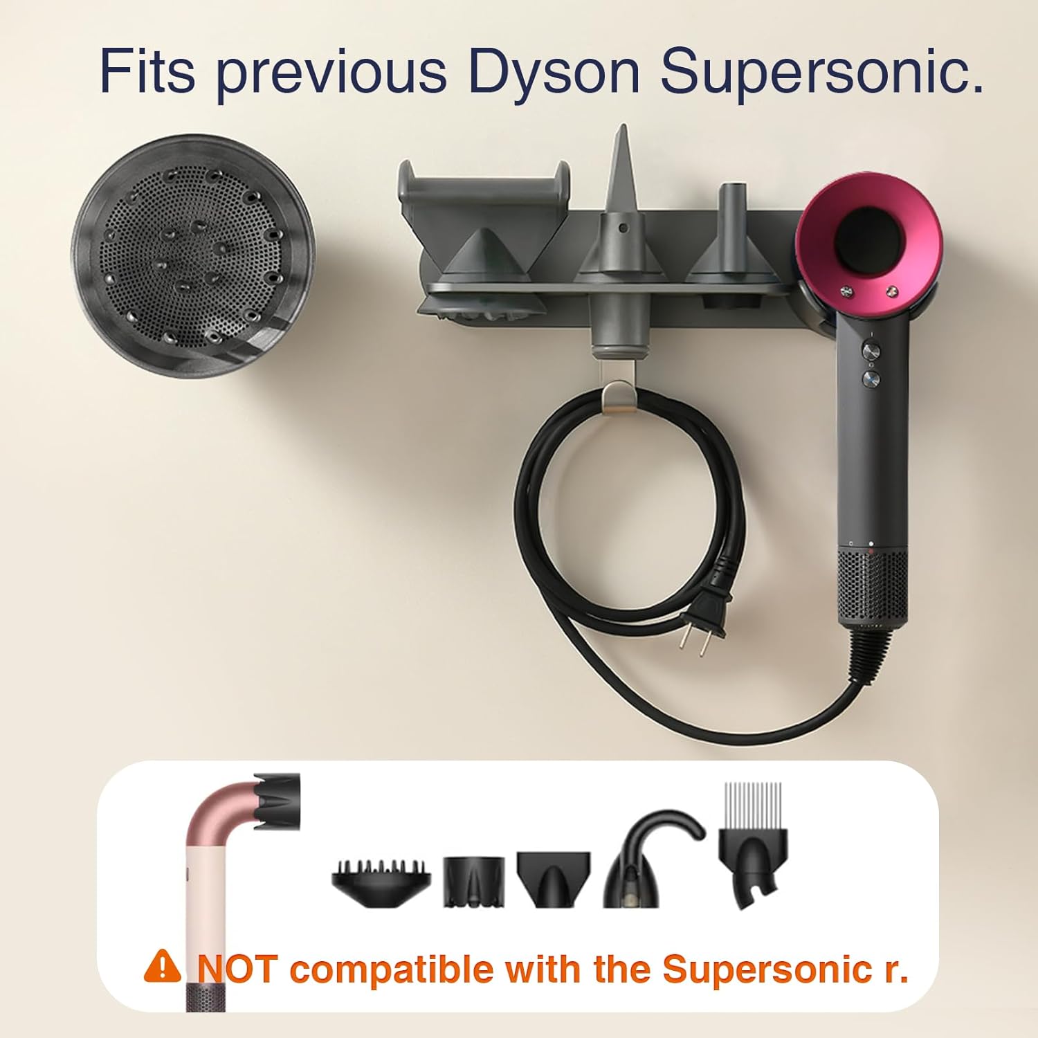 Hair Dryer Holder, Wall-Mounted Blow Dryer Holder, for Dyson Supersonic Nural Attachments, Metal, Gray