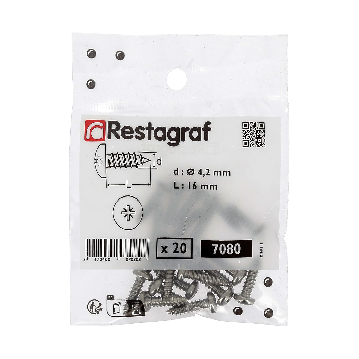 Restagraf 7080 Sheet Metal Screws, Zinc Stainless Steel, 4.2 mm x 16 mm
