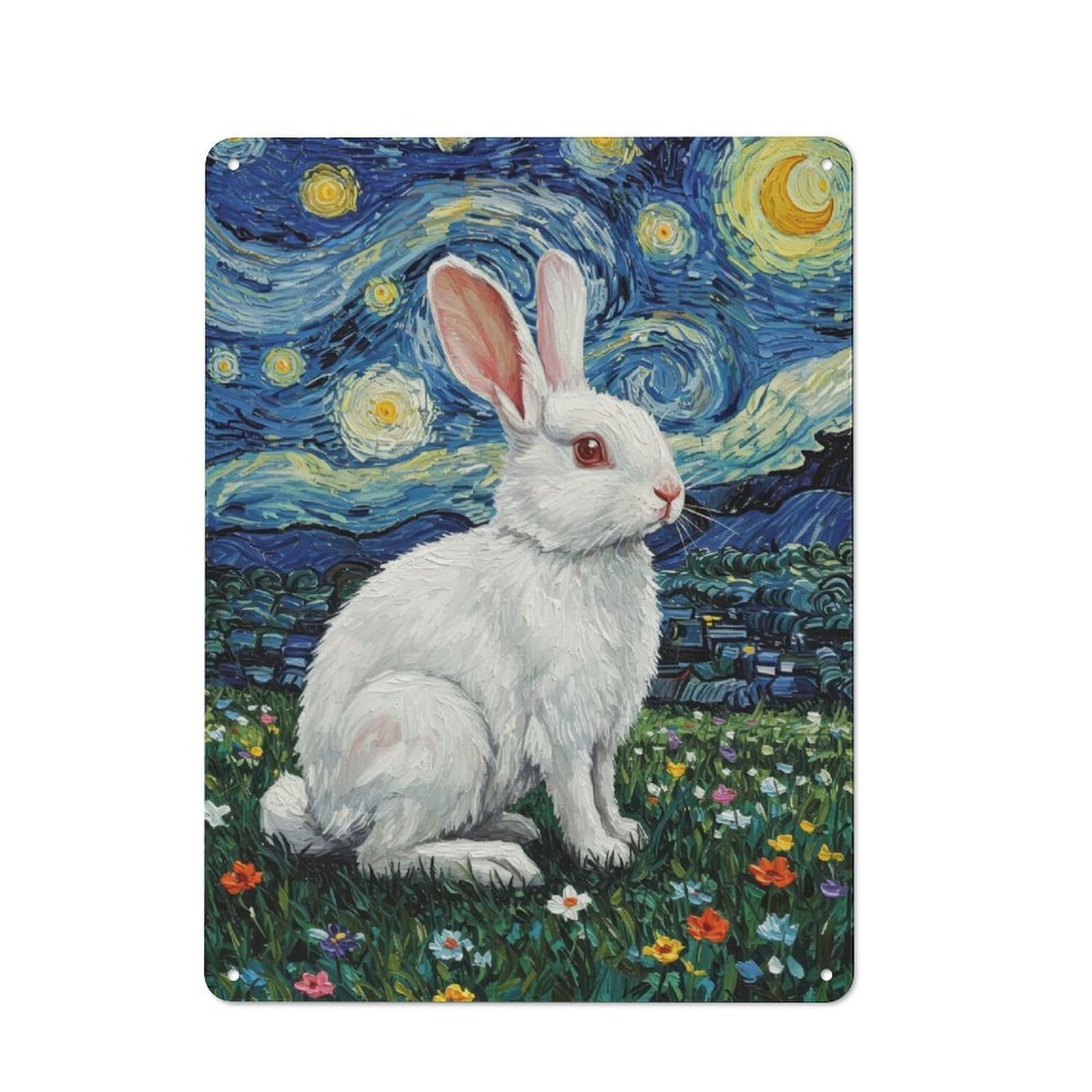 Junmoney Rabbit In Starry Night Style Painting Rustic Metal Plaque 40X30cm For Guest Room Or Hallway, A Decorative Metal Sign For Guest Rooms And Hallways