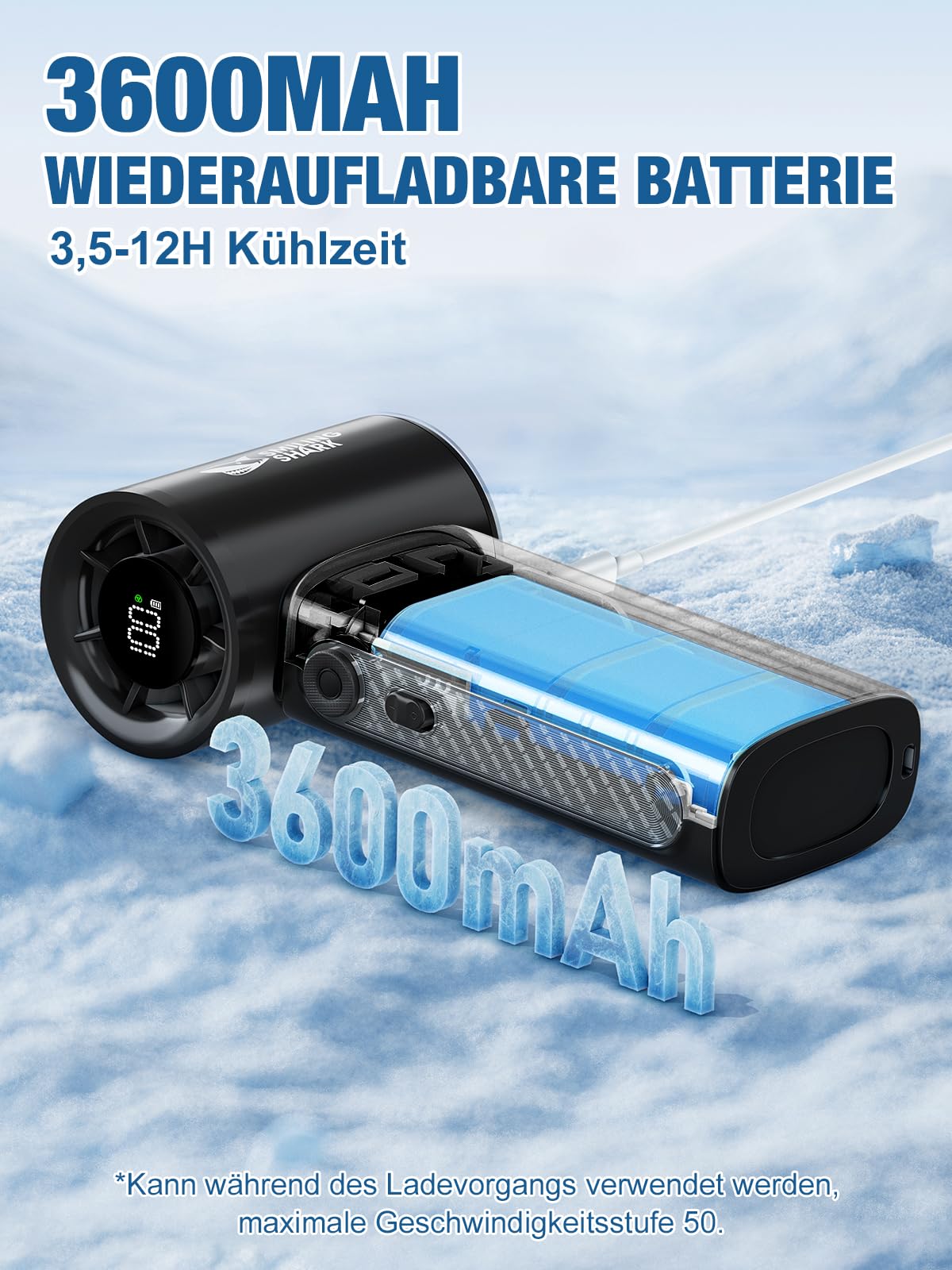 Smiling Shark TF-02 Tragbarer Turbo Handventilator, 1-100 Stufen Einstellbare Tragbarer Mini Handventilator [12Hrs Max] mit LED Anzeige/Lanyard/Basis, 2-in-1 Hand/Tischventilator für Outdoor Indoor