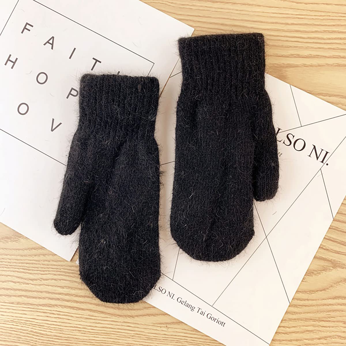 ECYC Ltd Women's Winter Warm Mittens Knit Gloves Double Thicken Warmer Soft Wool Knitted Gloves Full Finger Mittens for Cold Weather, Black