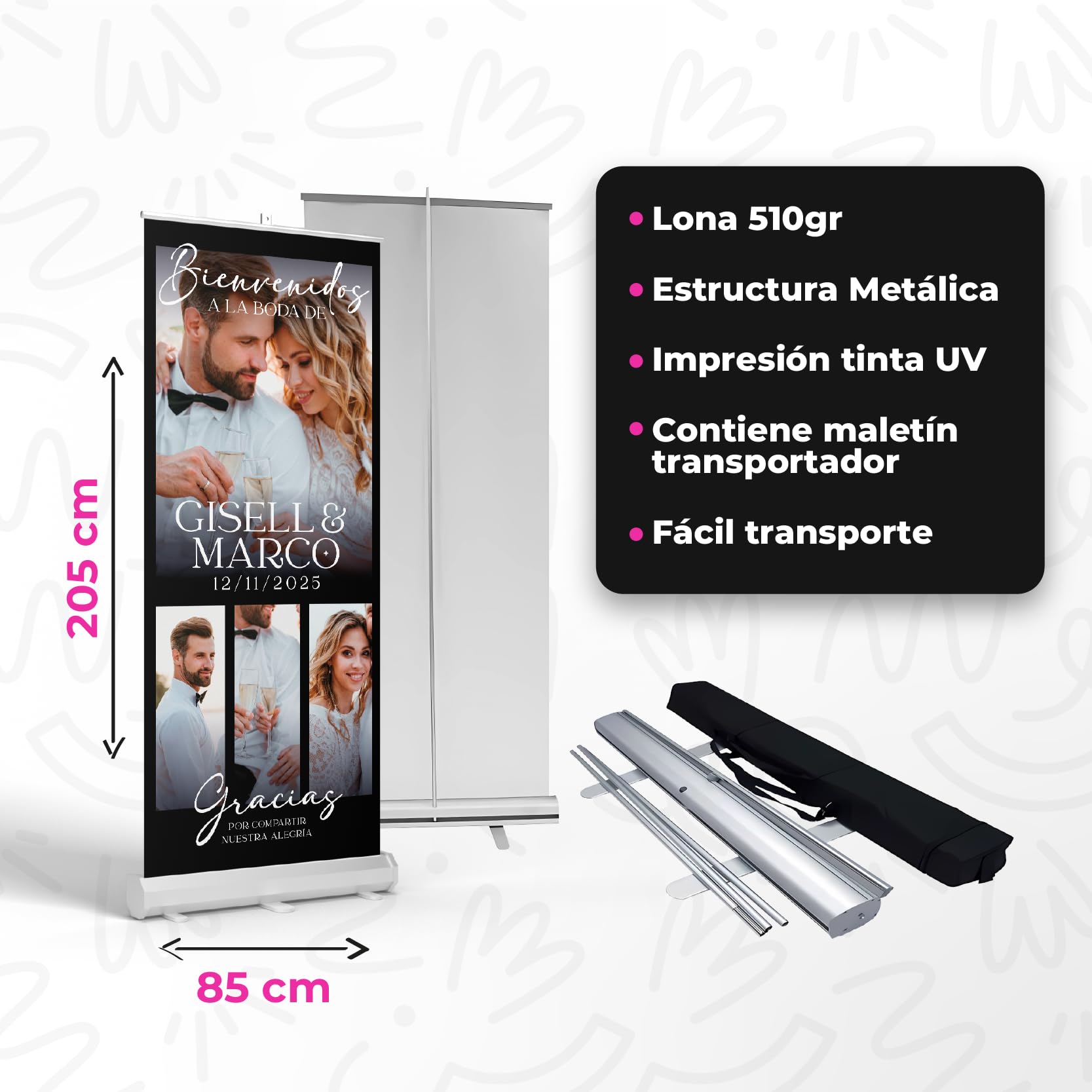 Roll Up Personalizado 85x205cm para Boda con Estructura Metálica + Lona 510gr - Personaliza Textos y Fotos - Incluye Maletín Transportador – Ideal para Bodas de Oro, Plata, Aniversarios y Eventos
