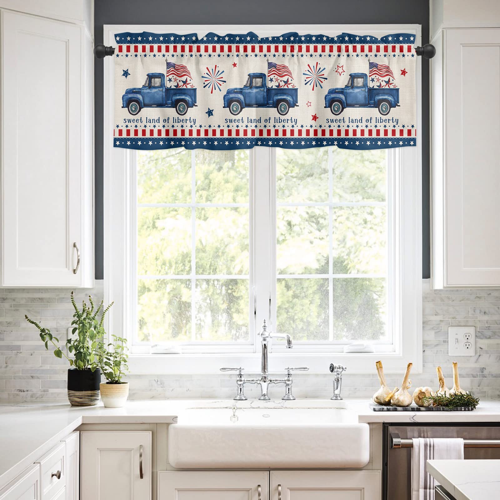TocaHome Window Curtain Kitchen Valance for Living Room 4th of July Independence Day Blue Truck with American Flag Rod Pocket Curtain Valance 1 Panel 54