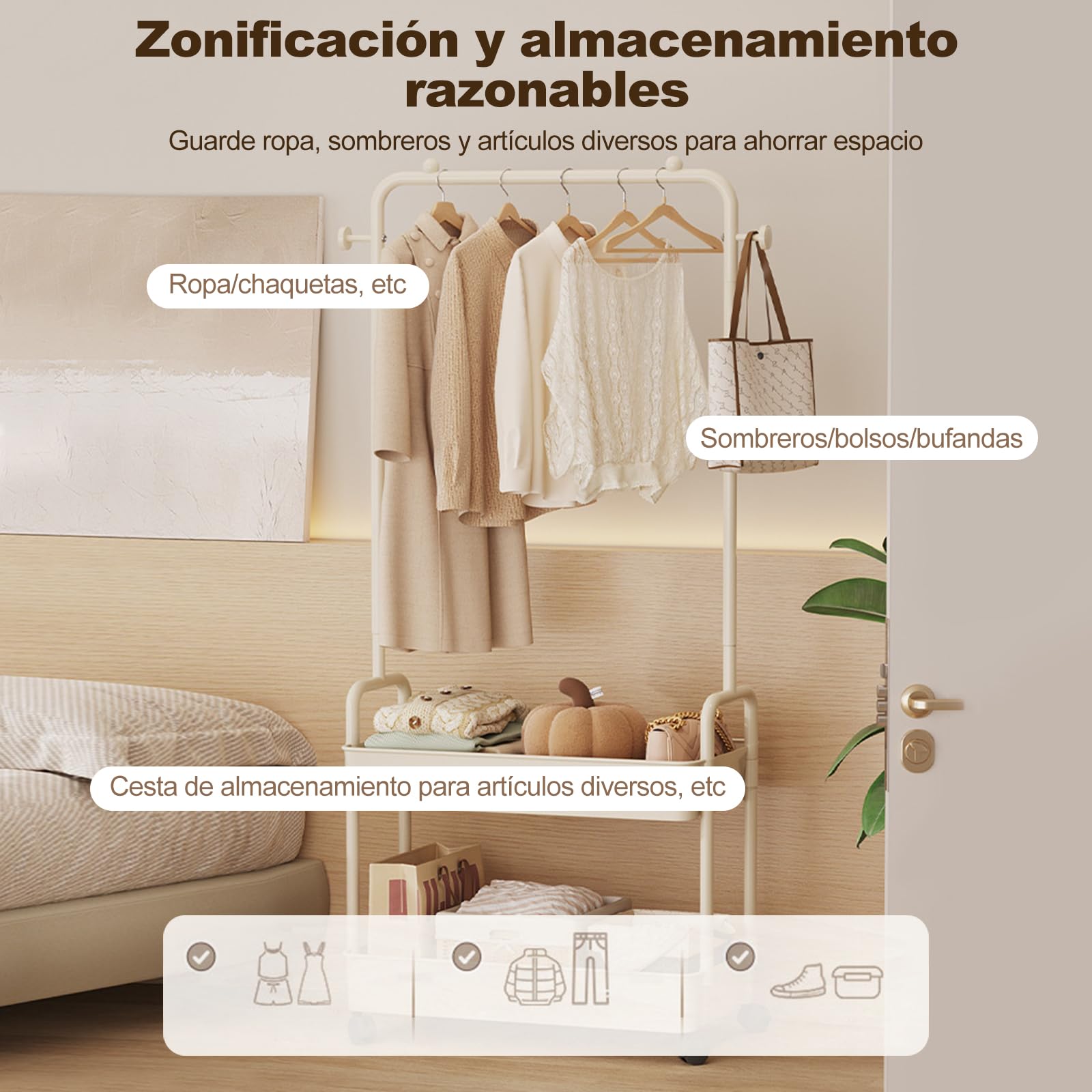 Ergocar Percheros Burro Metal Con Cestas Almacenamiento Sellado Múltiple y Perchas Independientes Móviles Con Percha Polea Pequeña Estante Ropa Moderna