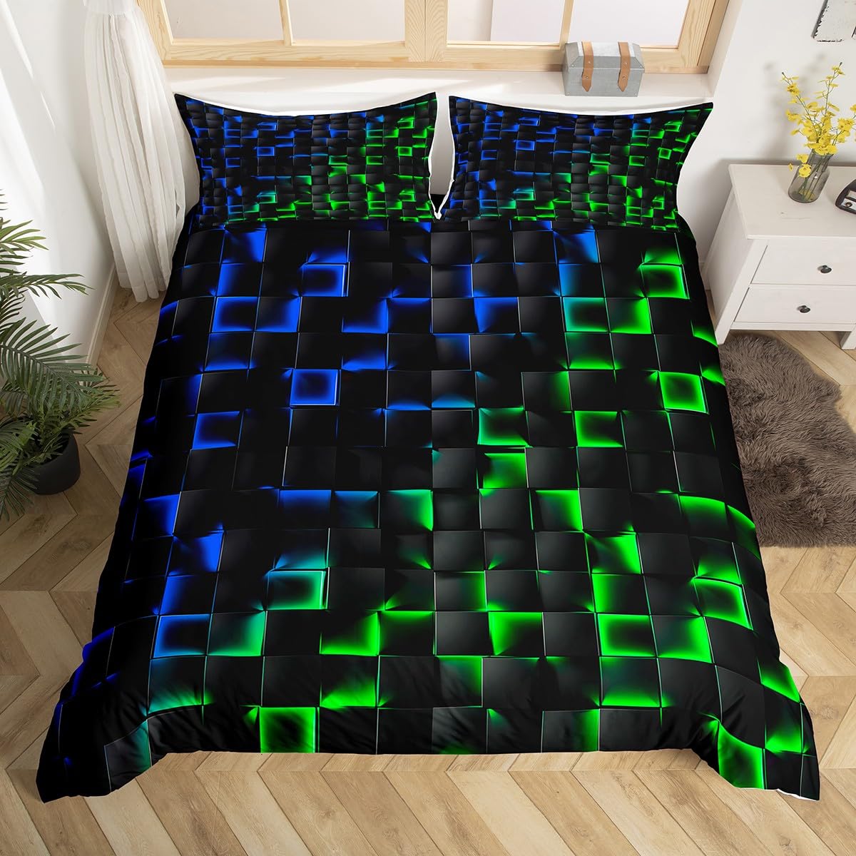 Homewish Geometric Checkered Duvet Cover King Neon Blue Green Bedding Set for Kids Boys Teen Gamer Room Decor Abstract Ombre Plaid Quilt Cover Grids Bed Set Black