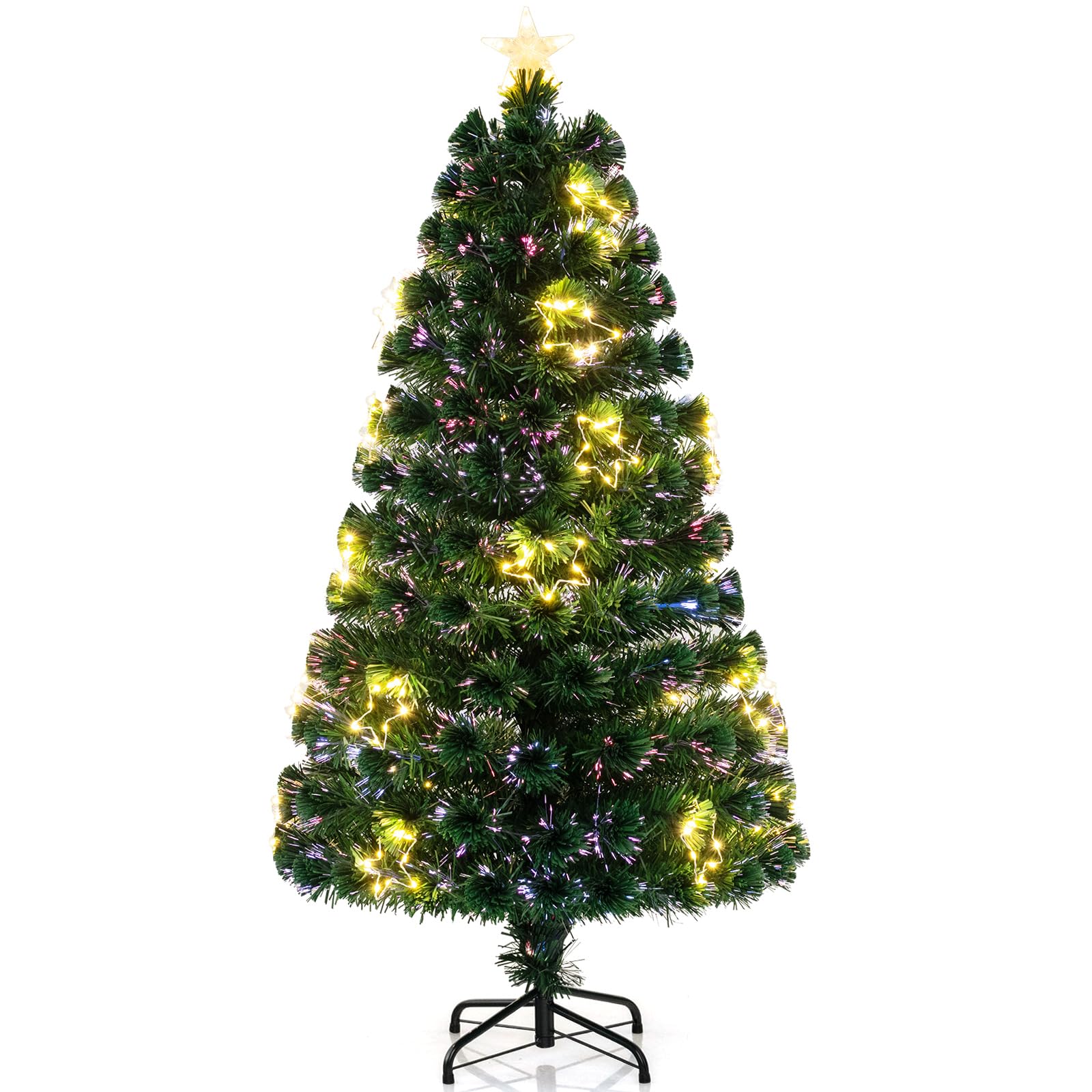 COSTWAY Albero di Natale in Fibra Ottica 120/150/180 cm, Albero di Natale Artificiale Pre-illuminato con 18/24/36 Luci a Stringa, Stella sulla Cima e 130/170/230 Punte dei Rami (150 CM)