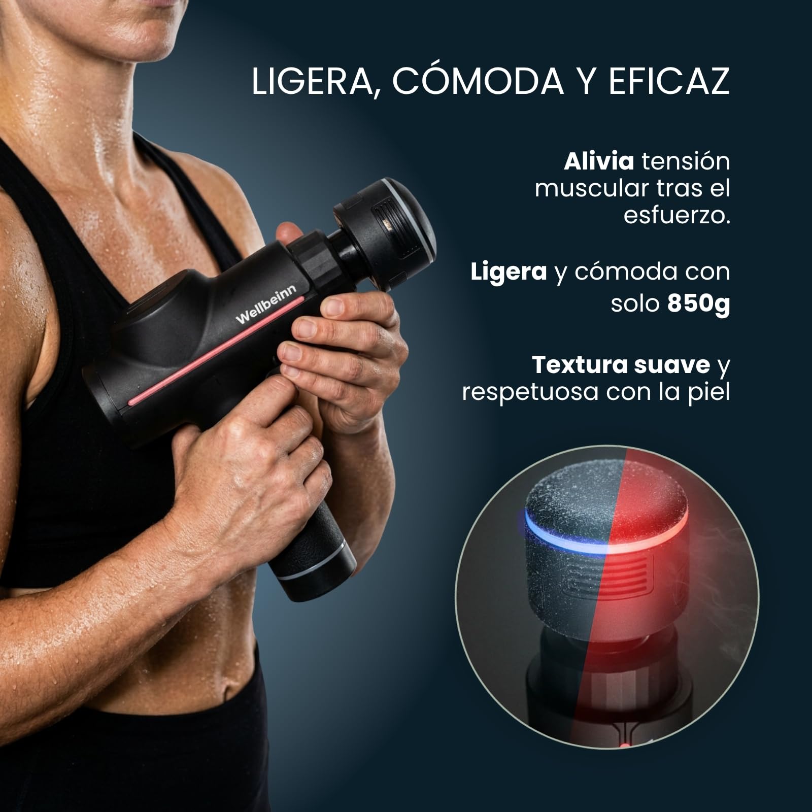 WELLBEINN Pistola de Masaje Muscular con Calor y Frío | Massage Gun Profesional Tejido Profundo | 5 Velocidades | 5 Cabezales | Masajeador Cervical y Espalda para Alivio del Dolor y Recuperación