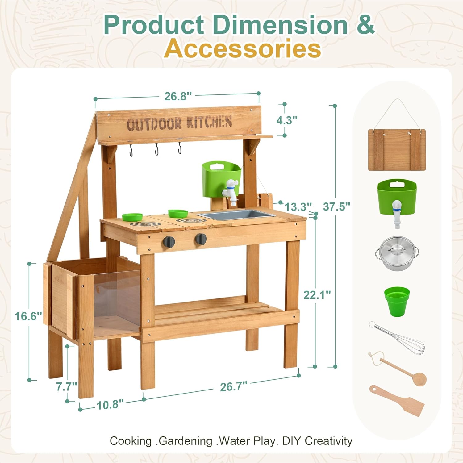 mud kitchen for kids outdoor, wood play kitchen with planter box, toddler sink, faucet, blackboard, water cup and accessories