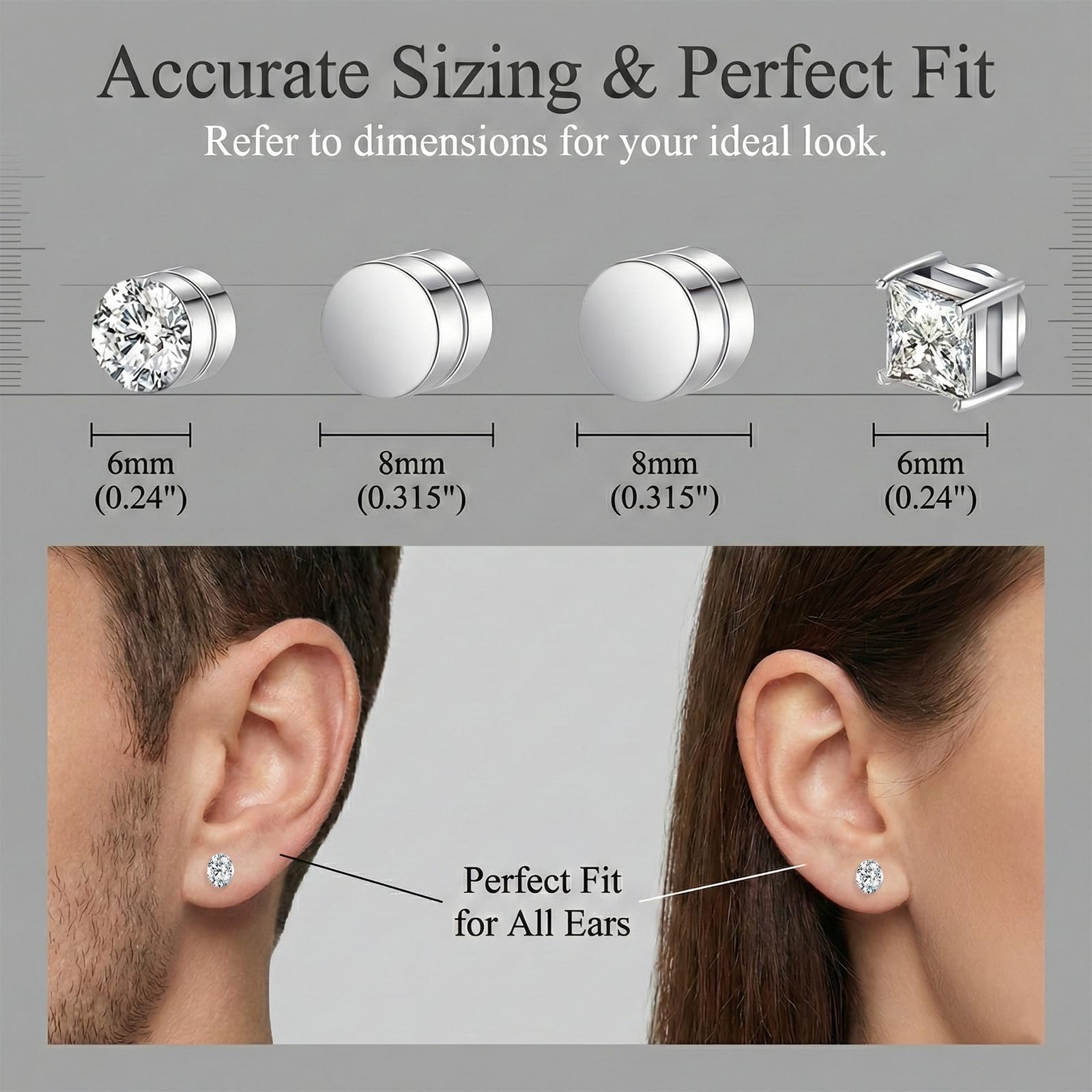 4 Paia di Orecchini Magnetici per Uomo e Donna - Orecchini a Clip Senza Foro con Zirconi, 6mm - Ideali per Appuntamenti, Feste e Vita Quotidiana - Regalo Moda Non Perforante