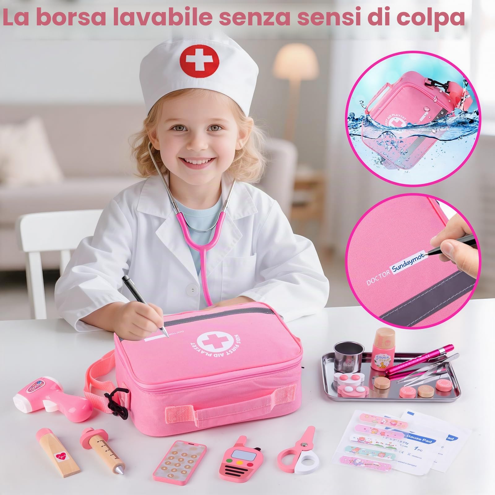 Sundaymot Valigetta Dottore Bambini, 35 Pezzi Kit Medico per Bambine con Vero Stetoscopio, Termometro, Camice da Medico e Borsa da Medico Portatile, Gioco di Ruolo per Ragazze dai 3 ai 6 Anni