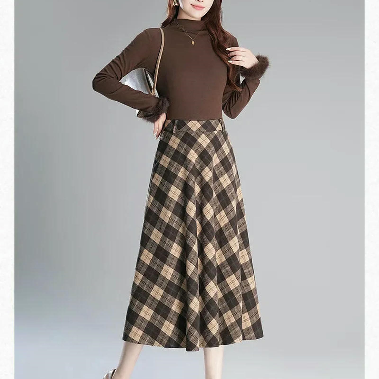 Langer Rock Damen Karierter, Drapierter Midirock Für Damen, Die Saison, Herbst Und Winter, Den Pendelverkehr, A-Linie, Hohe Taille, Schlankmachender, Halblanger Rock-kaffeegitter-XXXL
