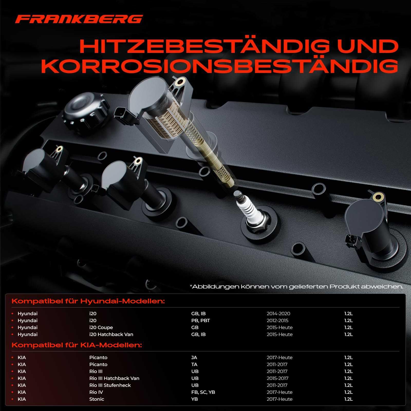 Frankberg 4 bobine di accensione + 4 candele per benzina 2730103110 | Compatibile con: Rio III UB, i20 GB IB, i20 Coupé GB, Rio III Hatchback Van UB, i20 Hatchback Van GB IB, Stonic YB