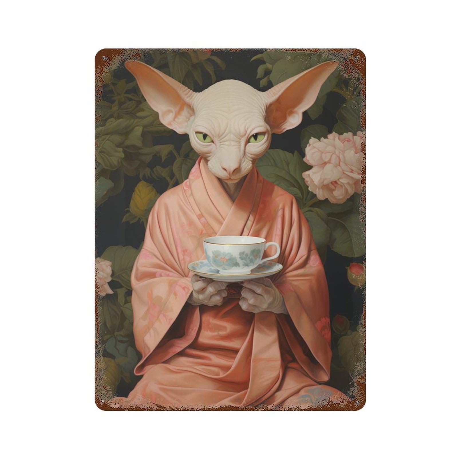 Sphynx Cat with Kimono Aged Metal Wall Plaque 15.7"x11.8", Industrial Home Decor for Pub, Kitchen And Man Cave Decor