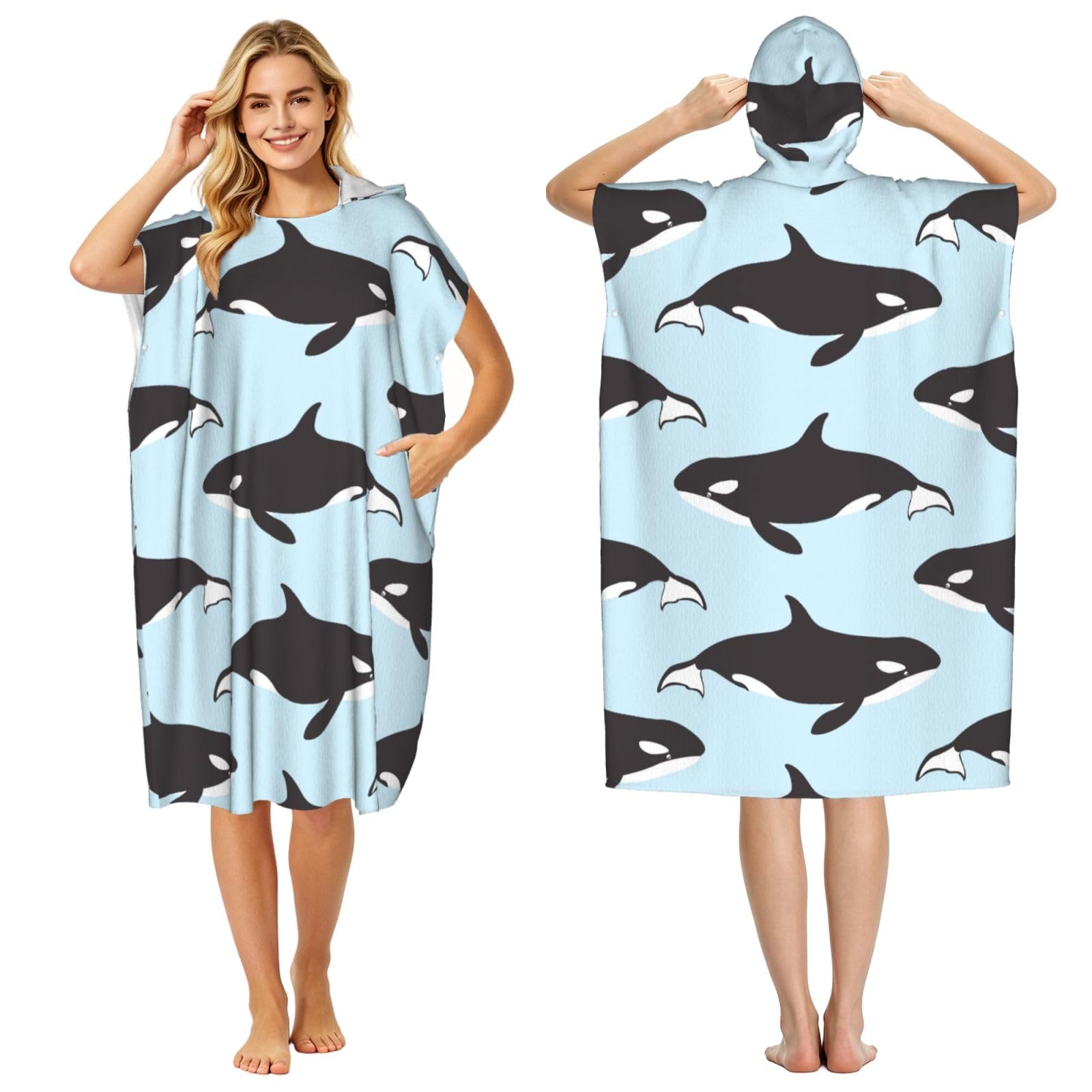 Poadnly Whale Animal Pattern, Adult Hooded Beach Towel 90 x 110 cm,Changing Bath Robe, Surf Poncho Towel For Women Men