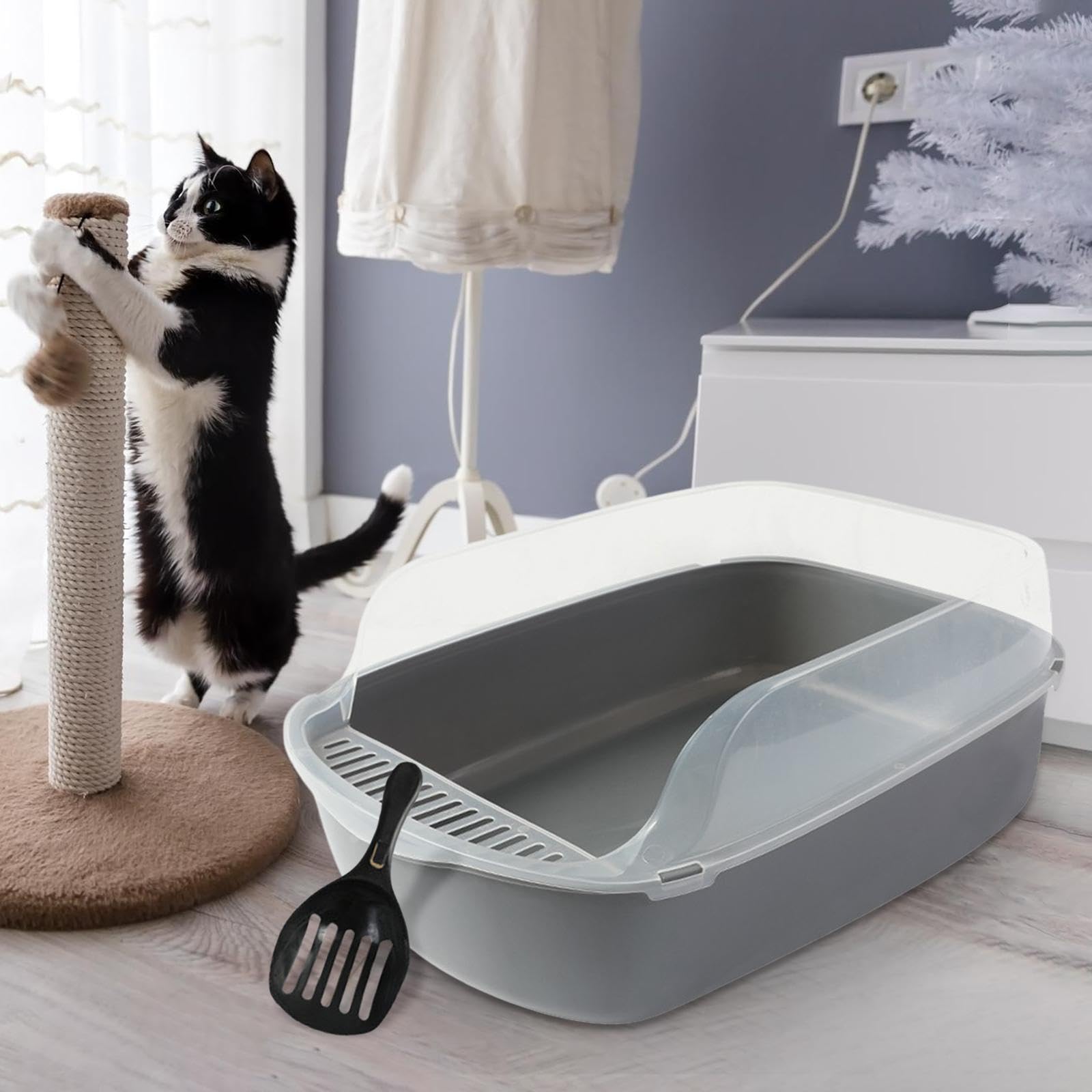 Katzenstreu Schale Semi Geschlossene Katzentoilette mit Hohem Rand Offene Katzentoilette Tragbare Katzenklo Box Einfach zu Reinigen Spritzschutz für, grau