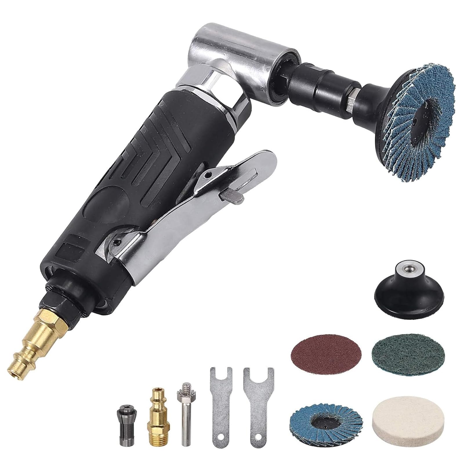 EYPINS Mini Lijadora Neumática, 1/4" 90 Grados Pulidora Neumática Amoladora de Ángulo de Aire Comprimido con Disco de Arena y Barra Fija, con Cubierta Protectora, para Moler, Pulir, Fresar
