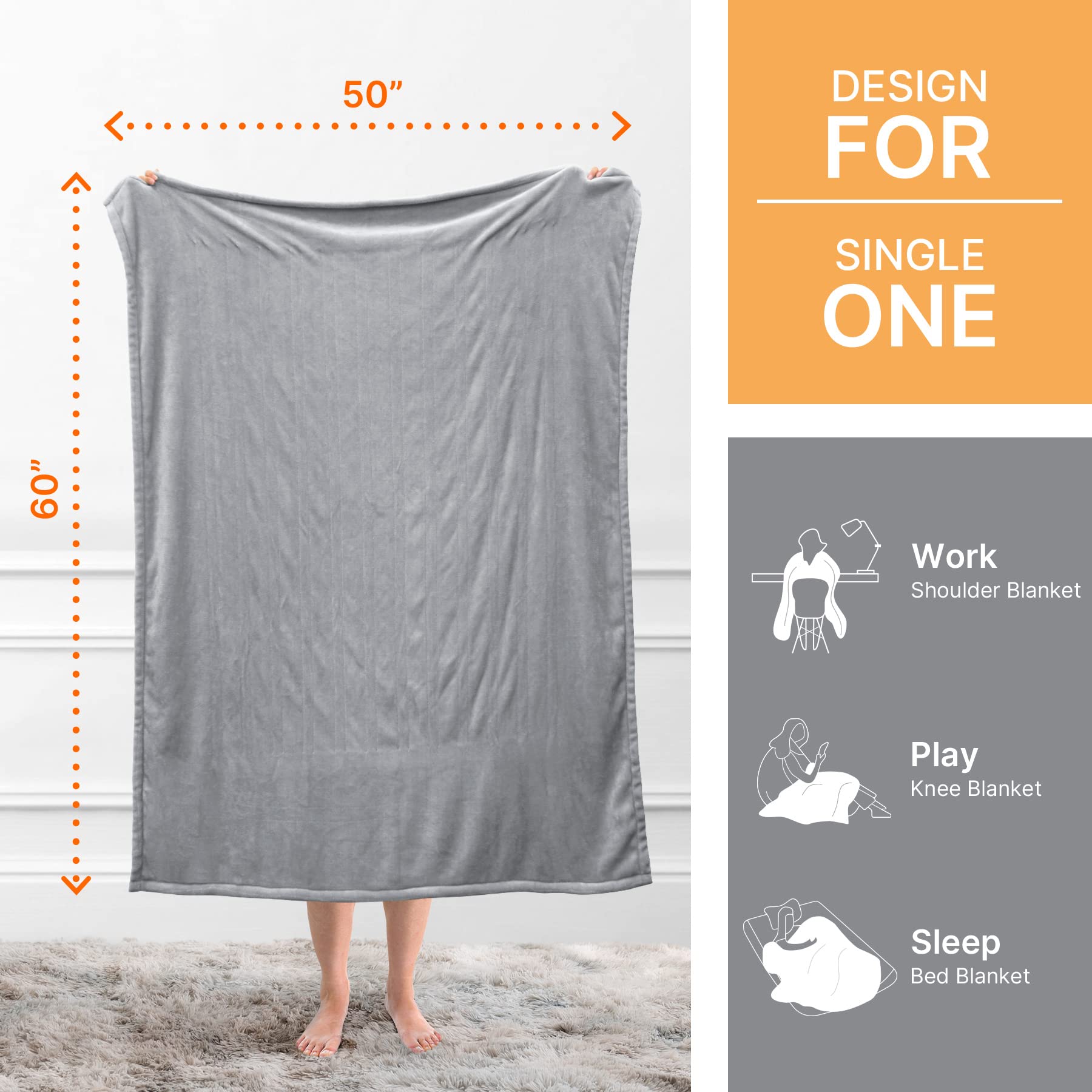 Amazon.com: MIZZEO Heated Blanket Electric Blanket Throw - Fast Heating  Blanket with 4 Heating Levels u0026 1-12 Hours Auto-Off Time Settings, ETL  Certified, Machine Washable, Double Soft Flannel (50 x 60 Grey) :